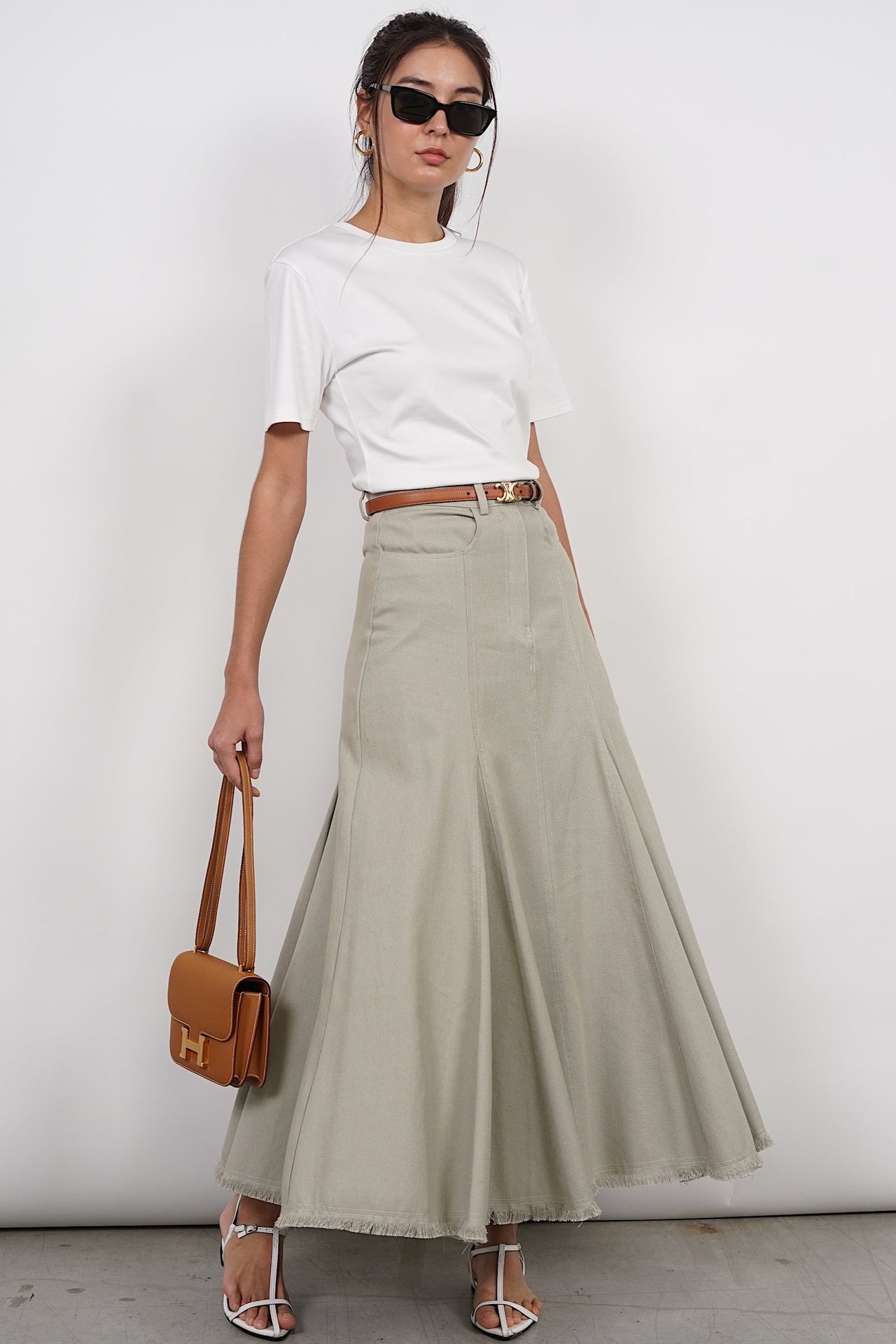 Flared Denim Skirt in Stone