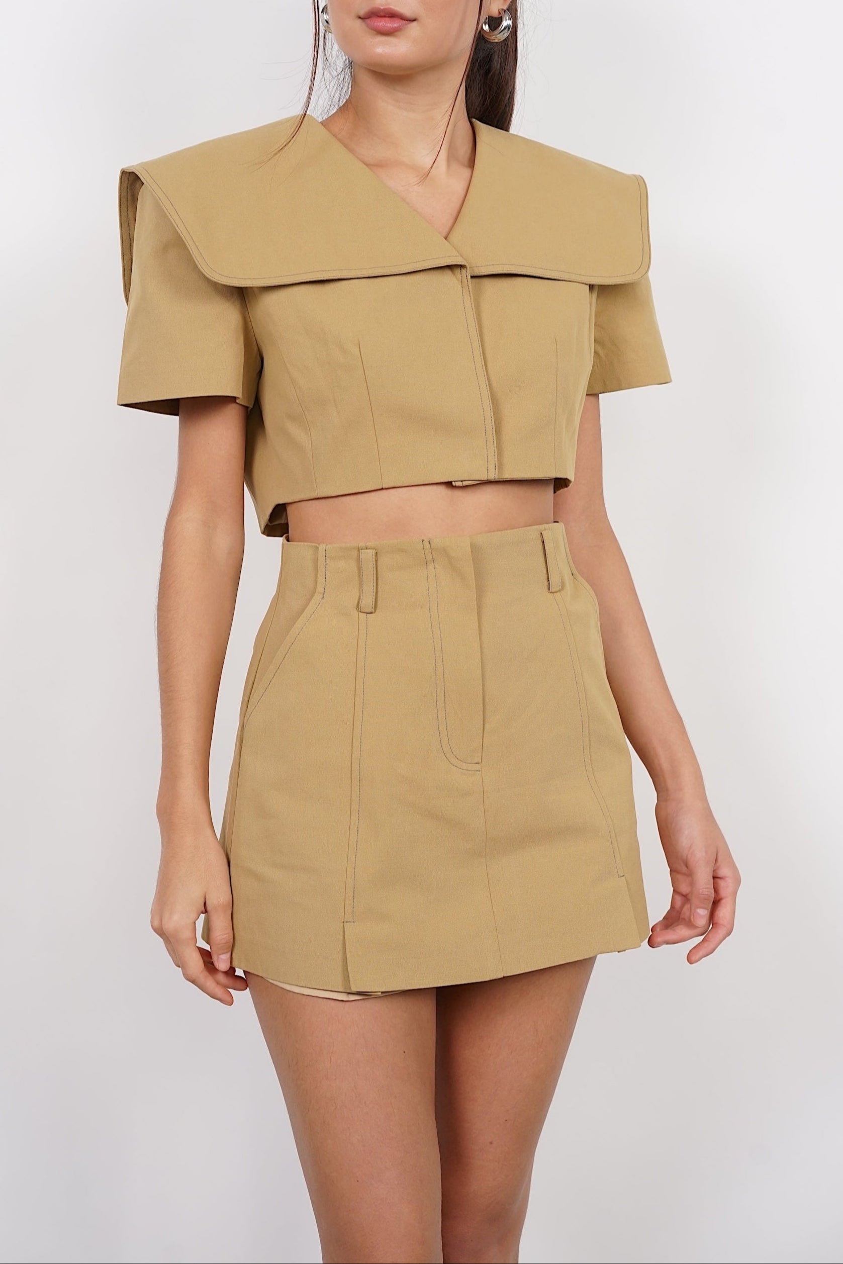 Cape Collar Button Top in Khaki