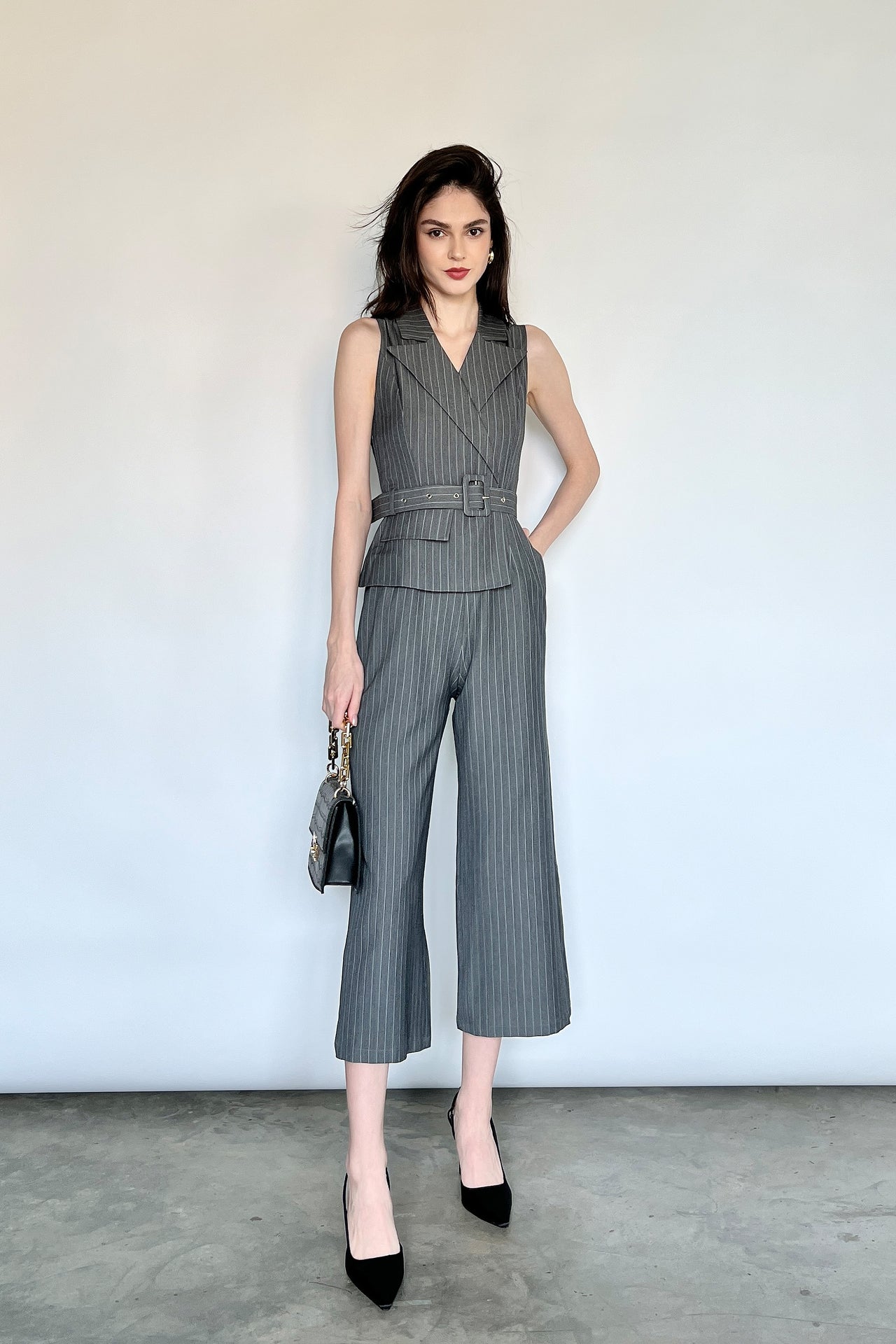 Herald Buckled Jumpsuit in Heather Grey Stripes - Arriving Soon