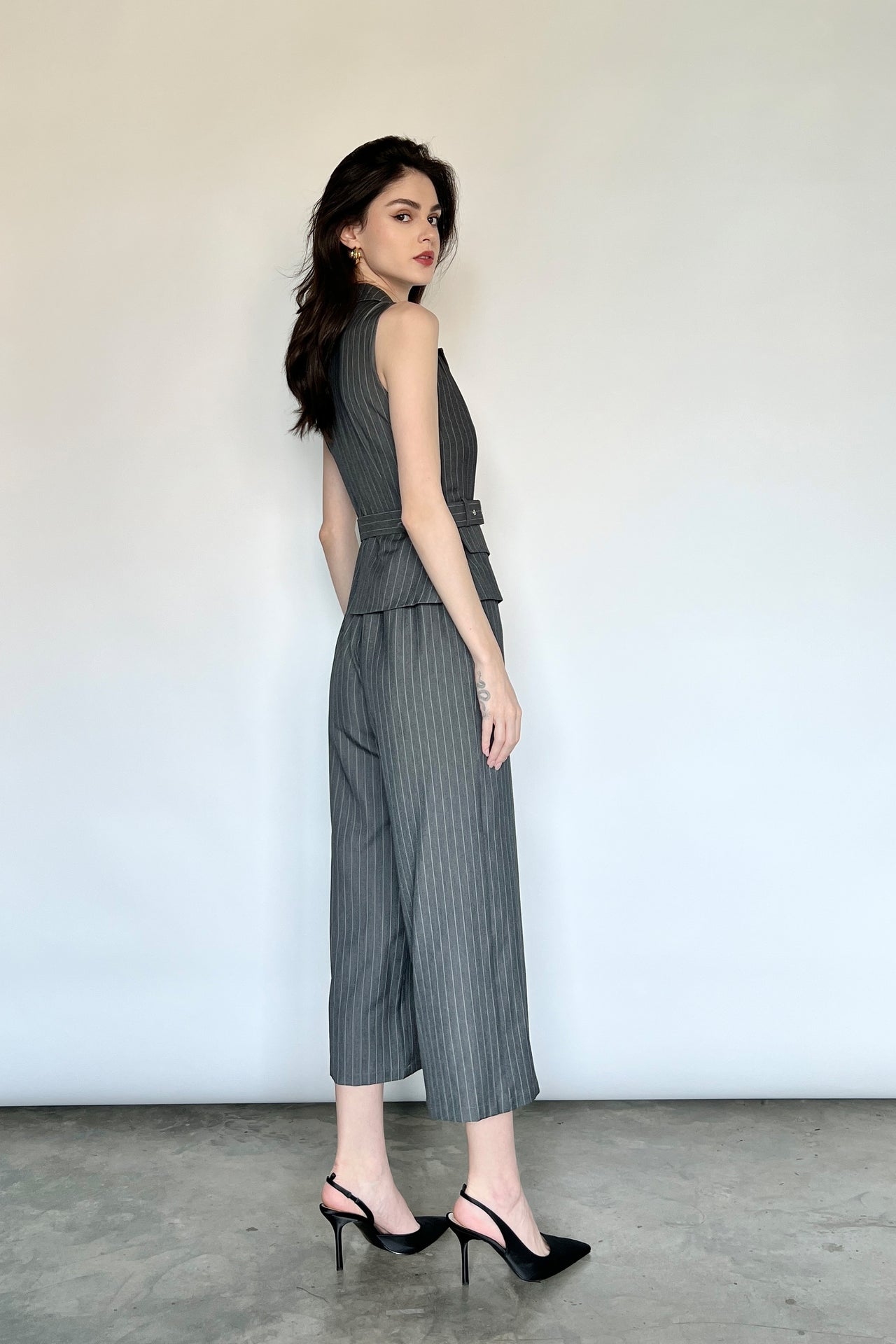 Herald Buckled Jumpsuit in Heather Grey Stripes - Arriving Soon