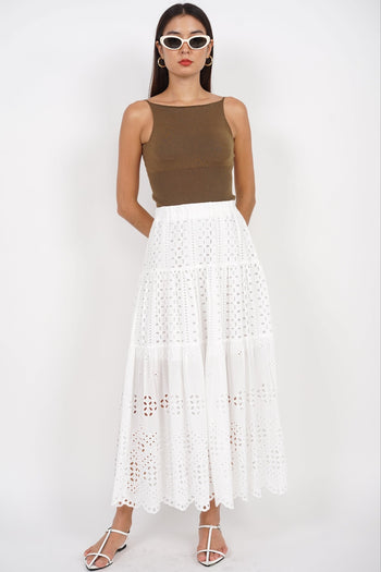 Eyelet Tiered Skirt in White