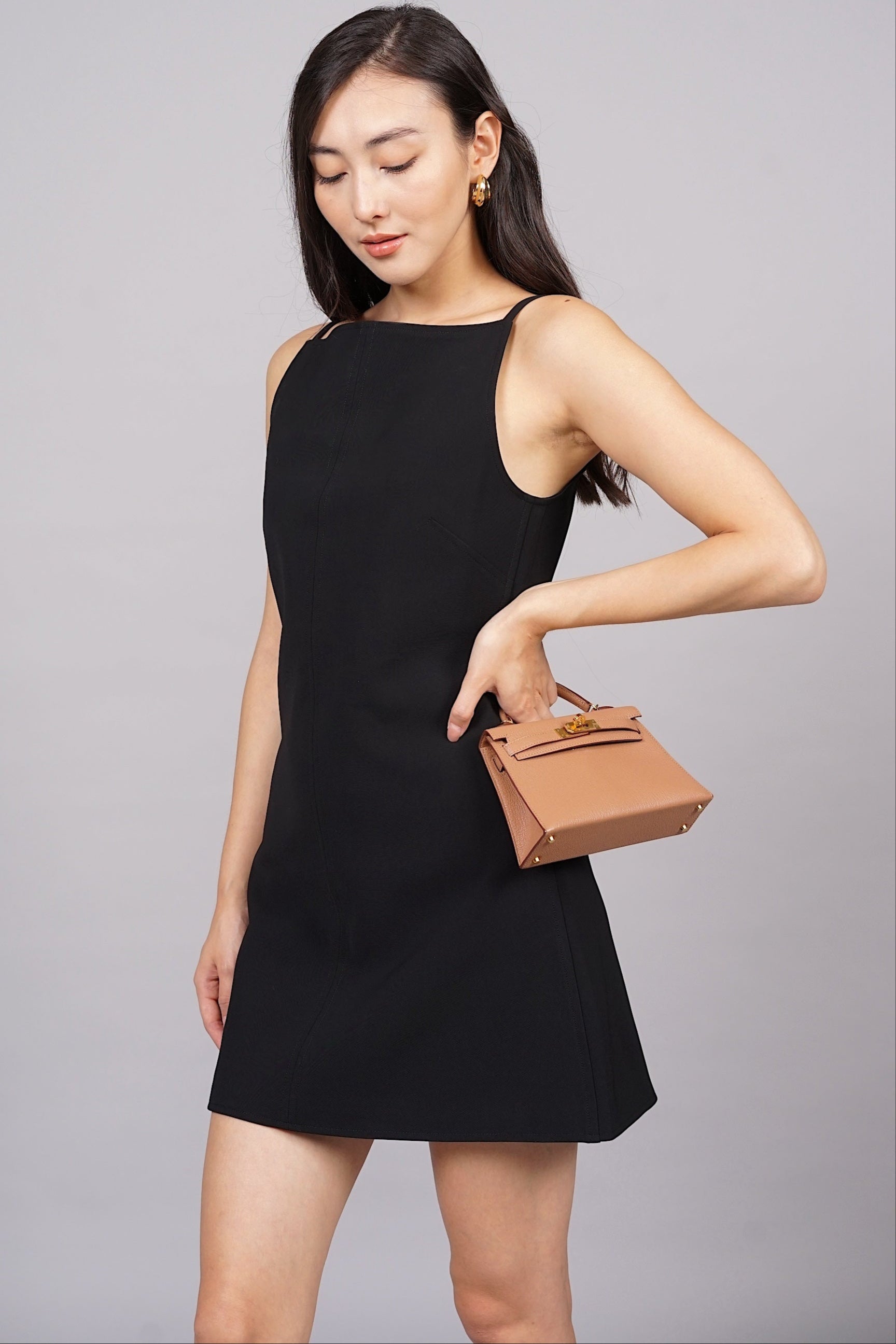 Boat Neck Mini Dress in Black