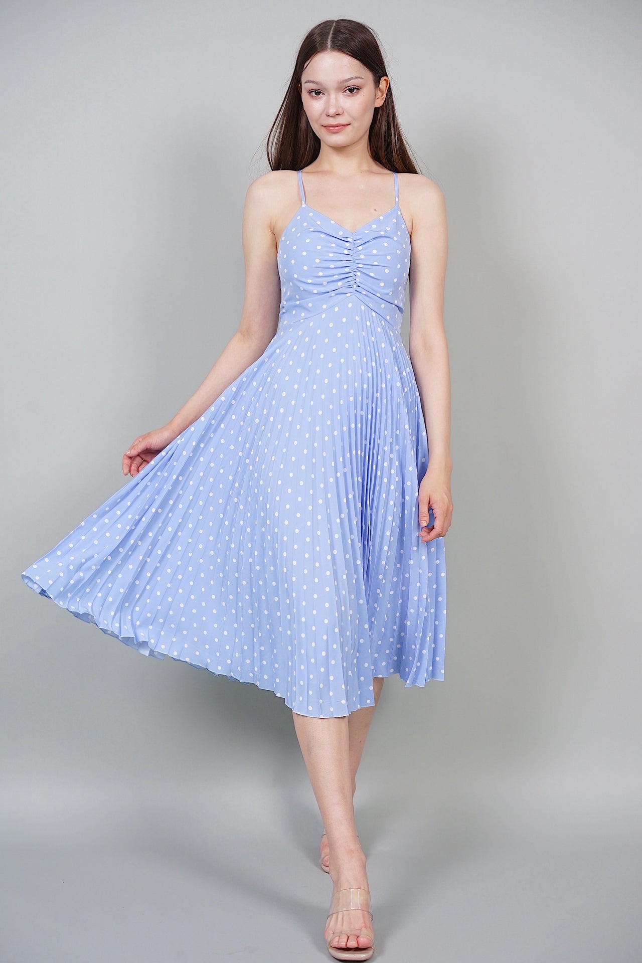 Tessa Pleated Dress in Blue Polka Dots