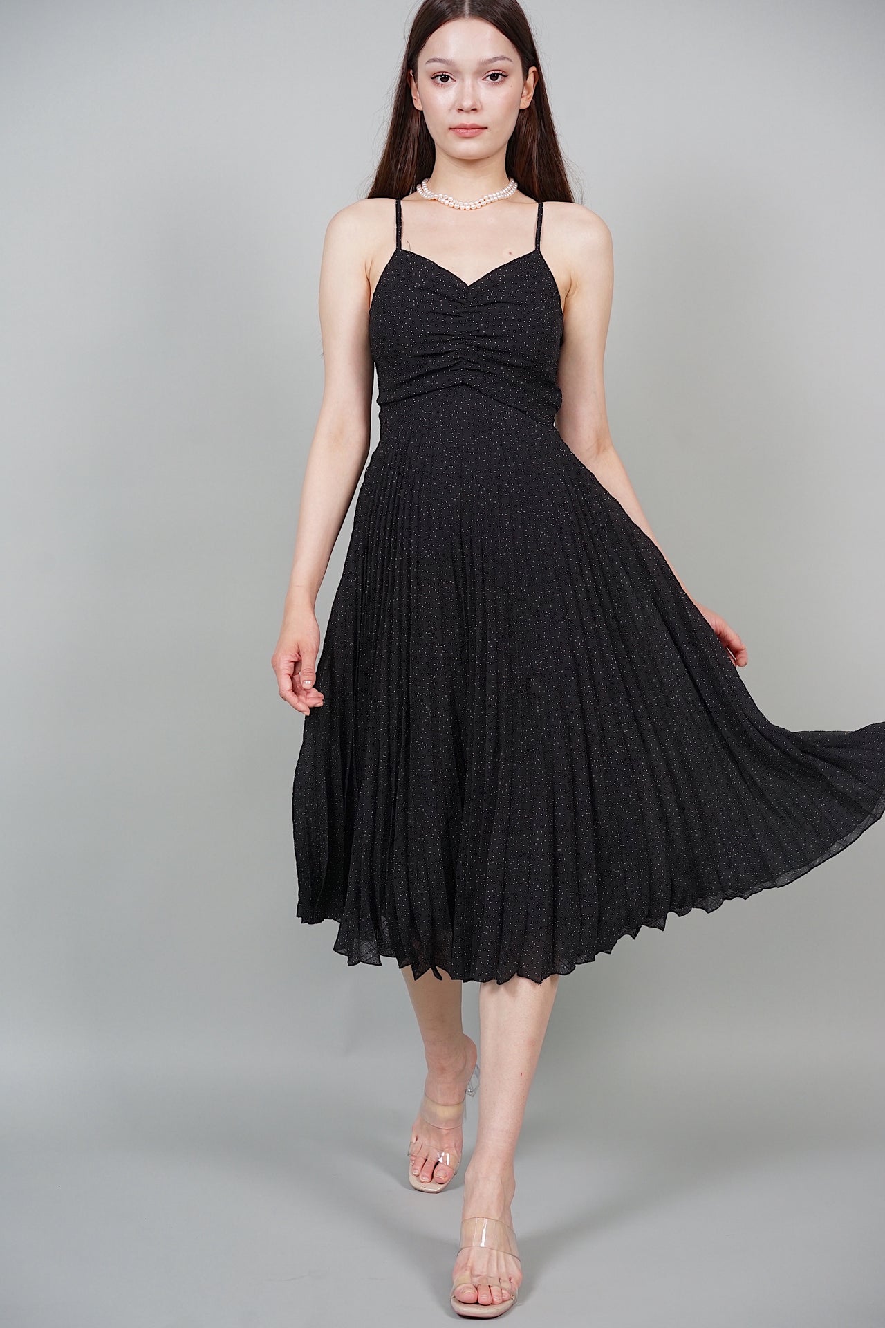 Tessa Pleated Dress in Black Polka Dots