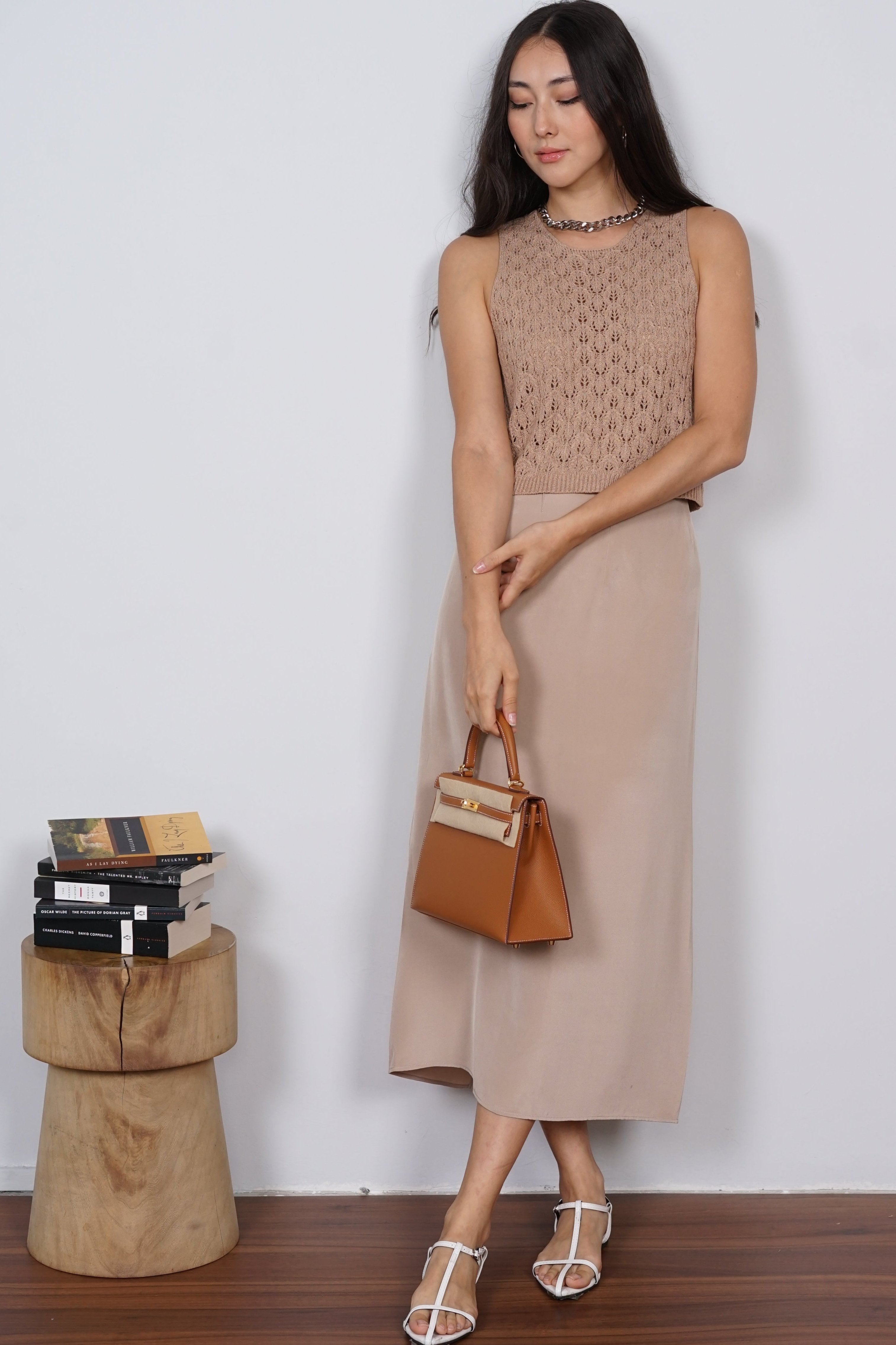 Macrame Knit Tank Top in Camel