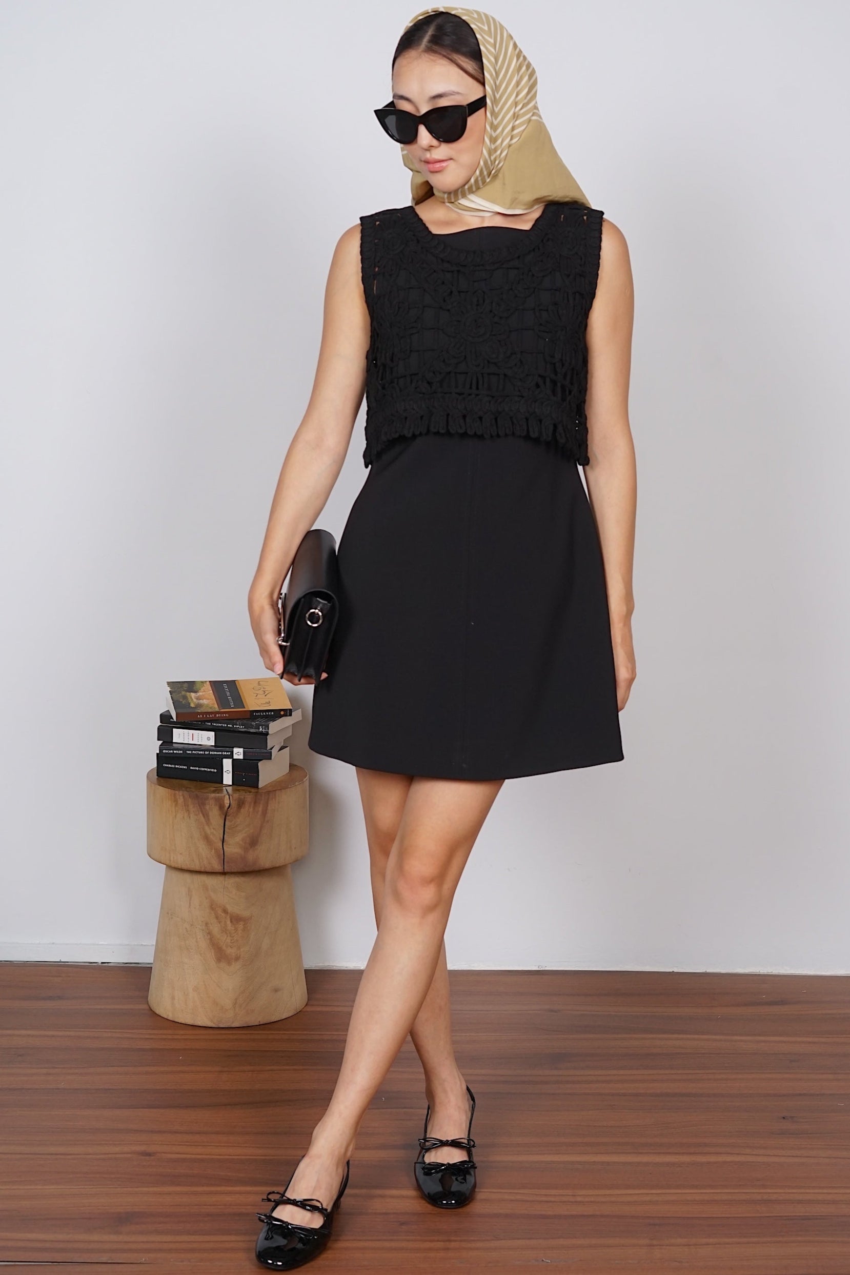 Boat Neck Mini Dress in Black