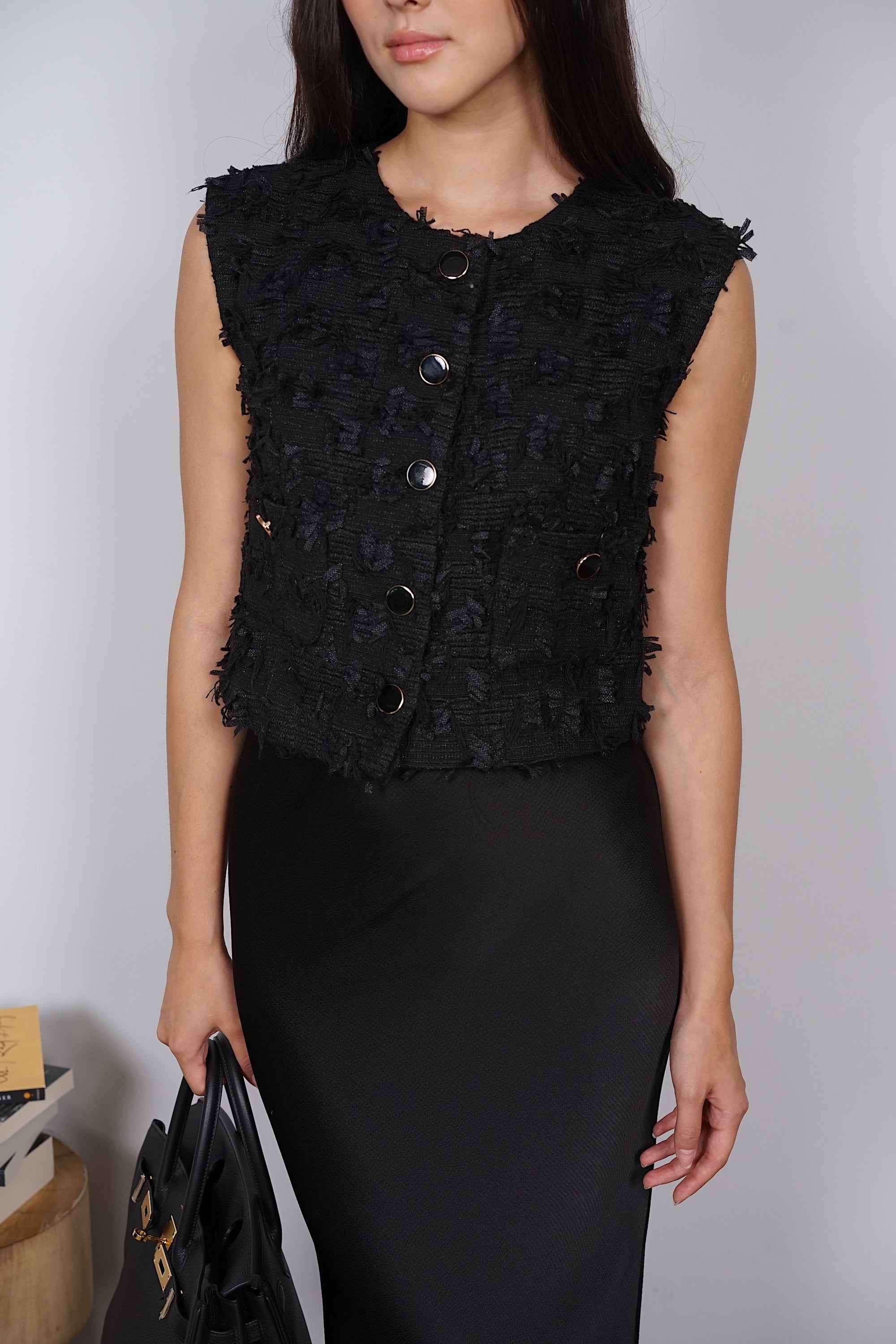 Textured Tweed Buttoned Top in Ink