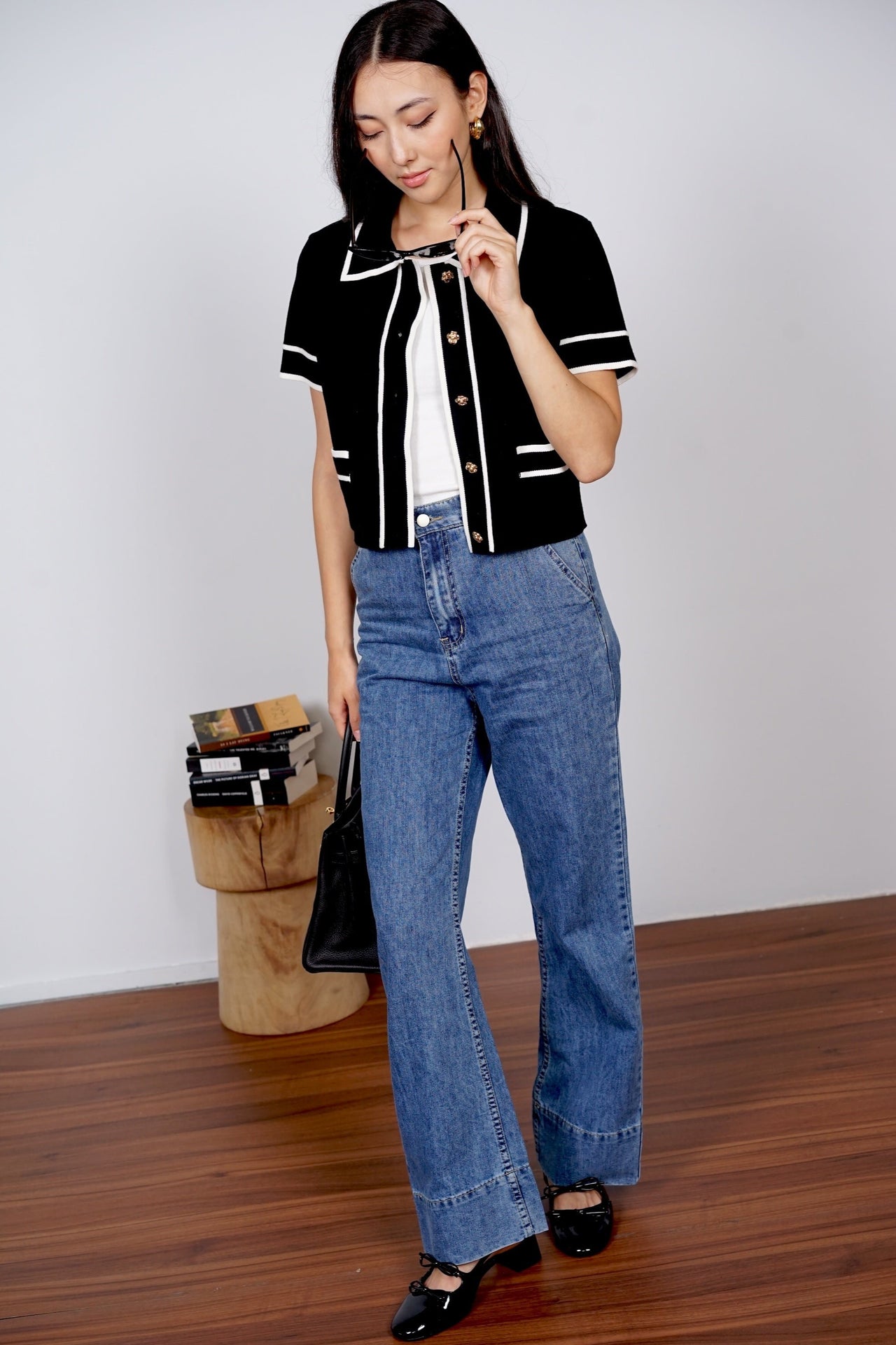 Camellia Contrast Knit Blouse in Monochrome