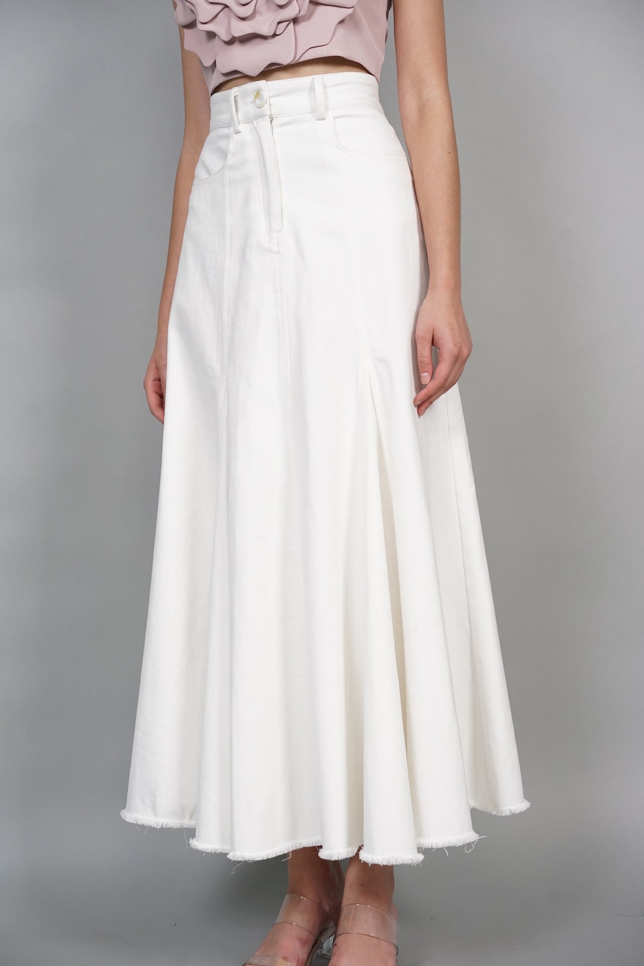 Denim Flared Skirt in White - Arriving soon