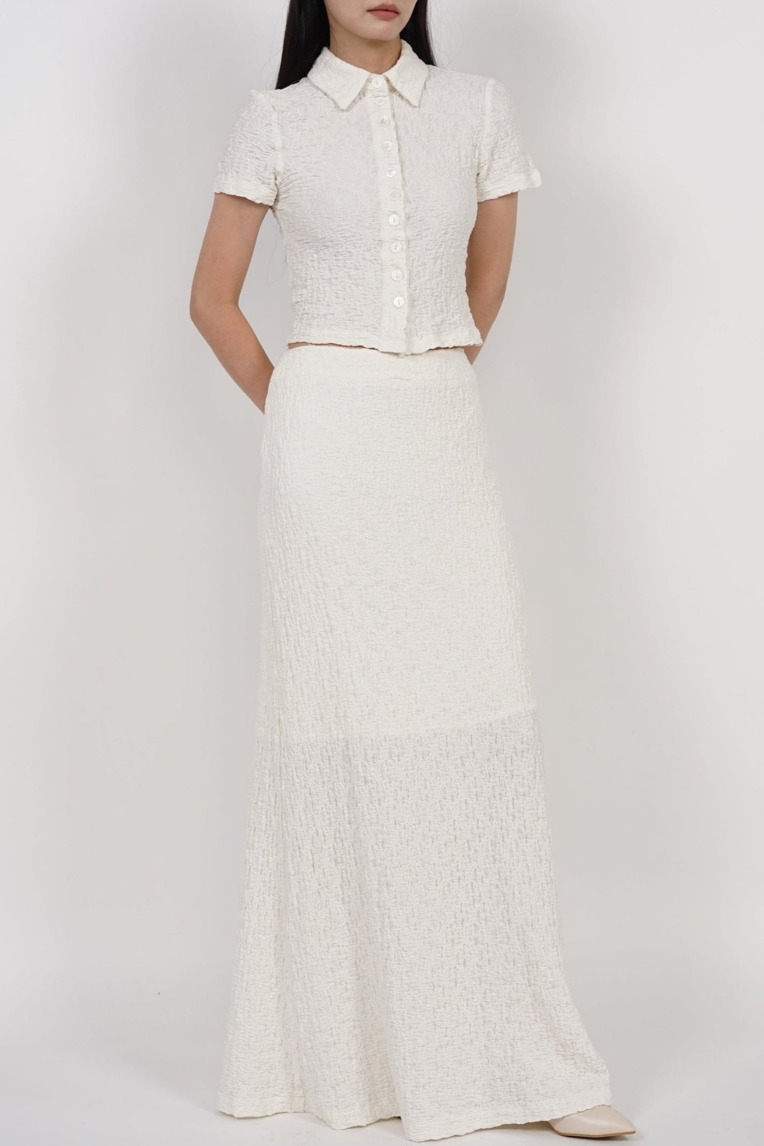 Textured Long Flute Skirt in Cream