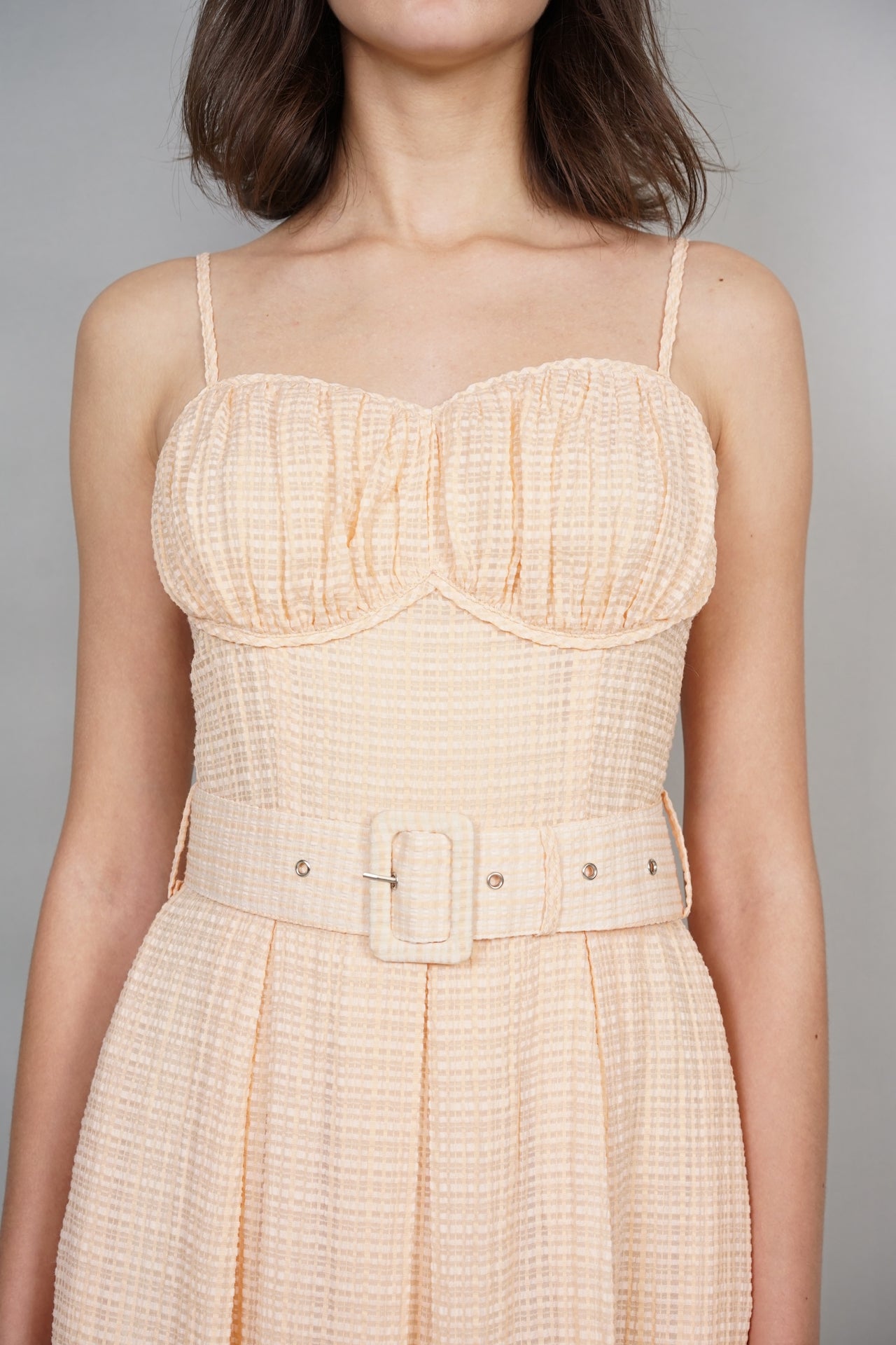 Textured Checks Midi Dress in Apricot - Arriving Soon