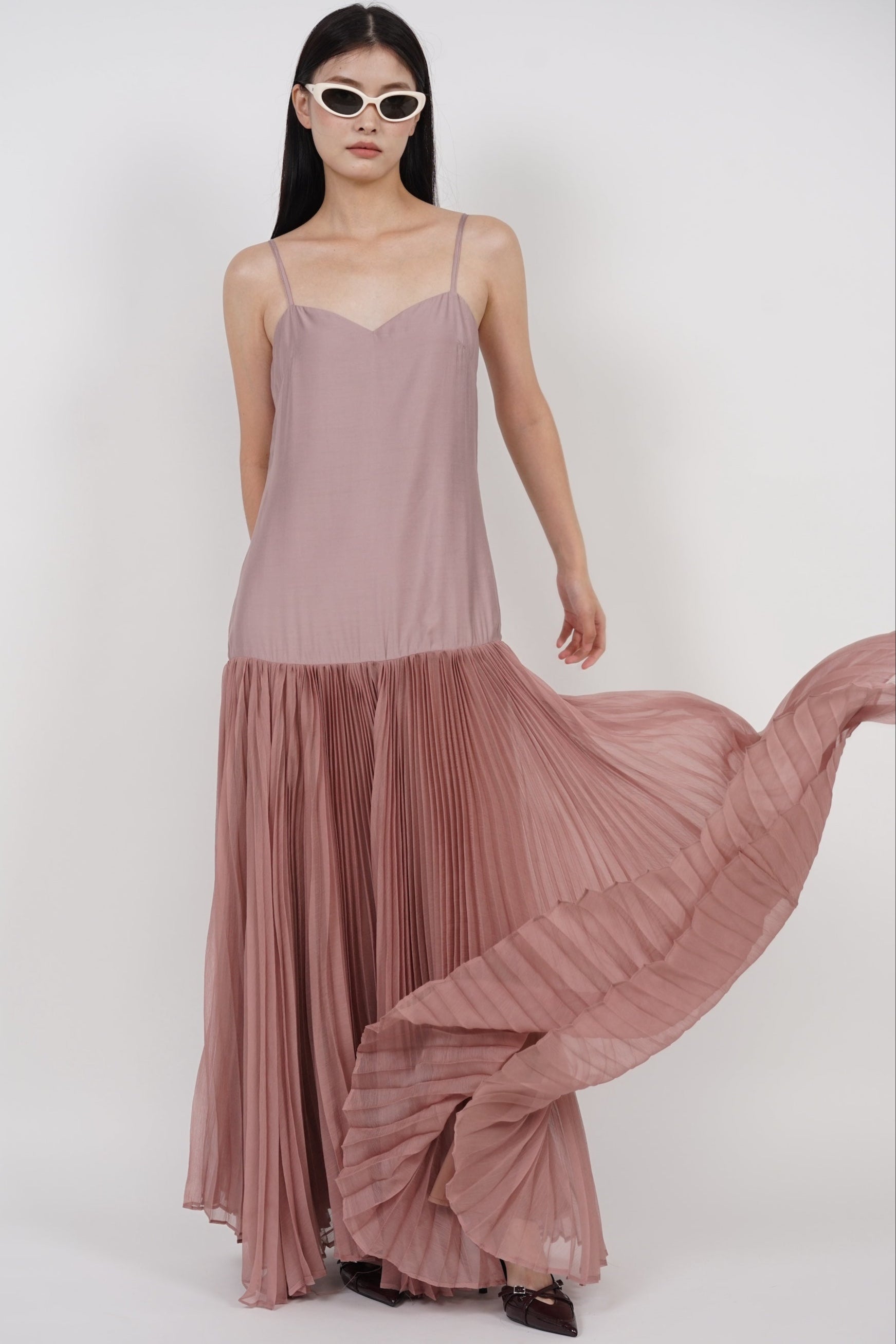 Pleated Flowy Dress in Nude Pink