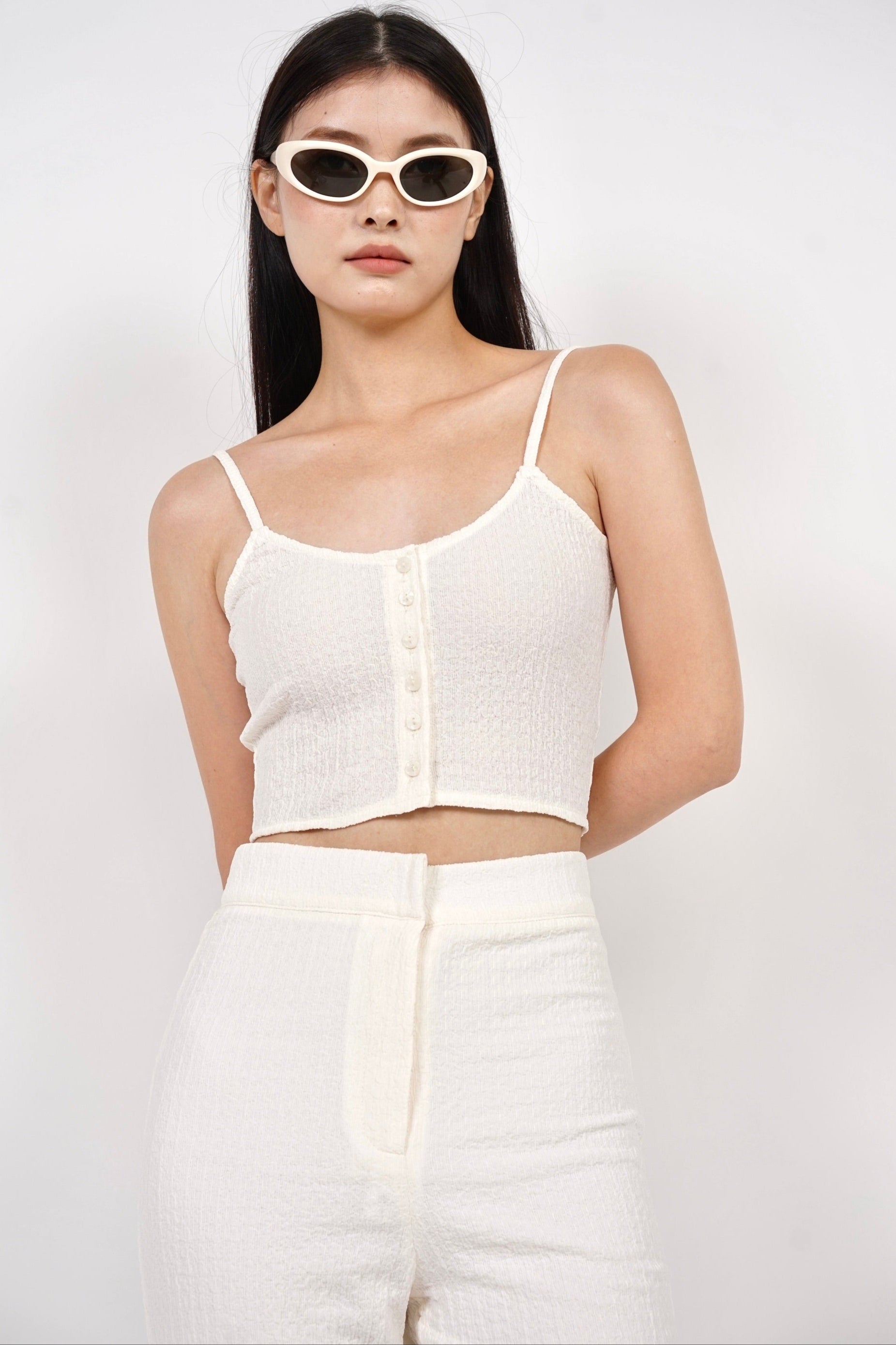 Textured Cami Button Crop Top in Cream