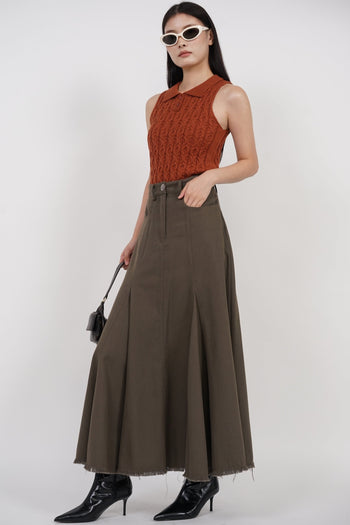 Flared Denim Skirt in Army Green