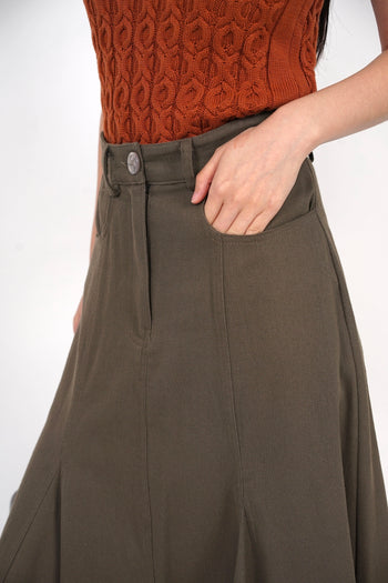 Flared Denim Skirt in Army Green
