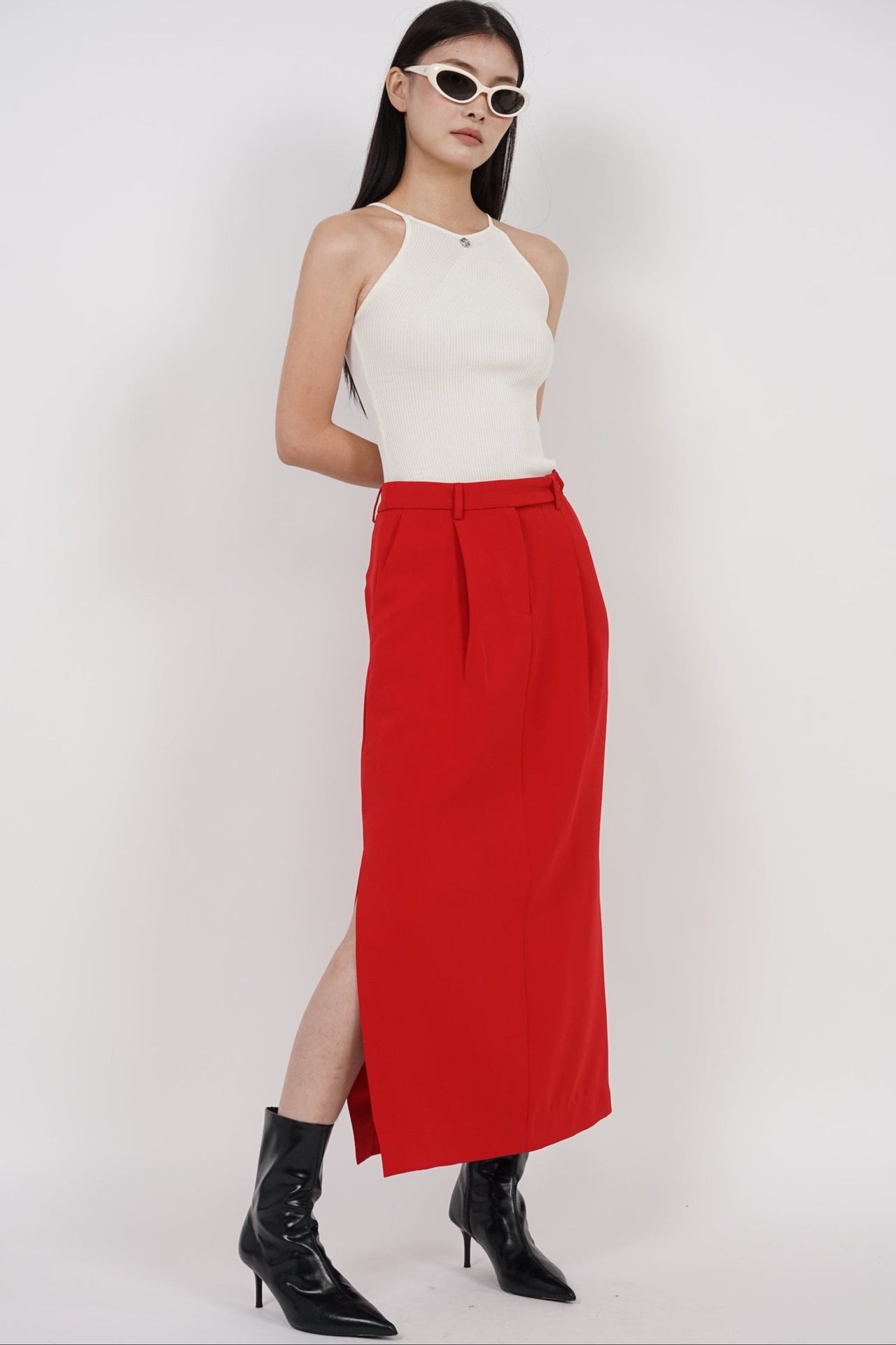 Side Slit Column Skirt in Red