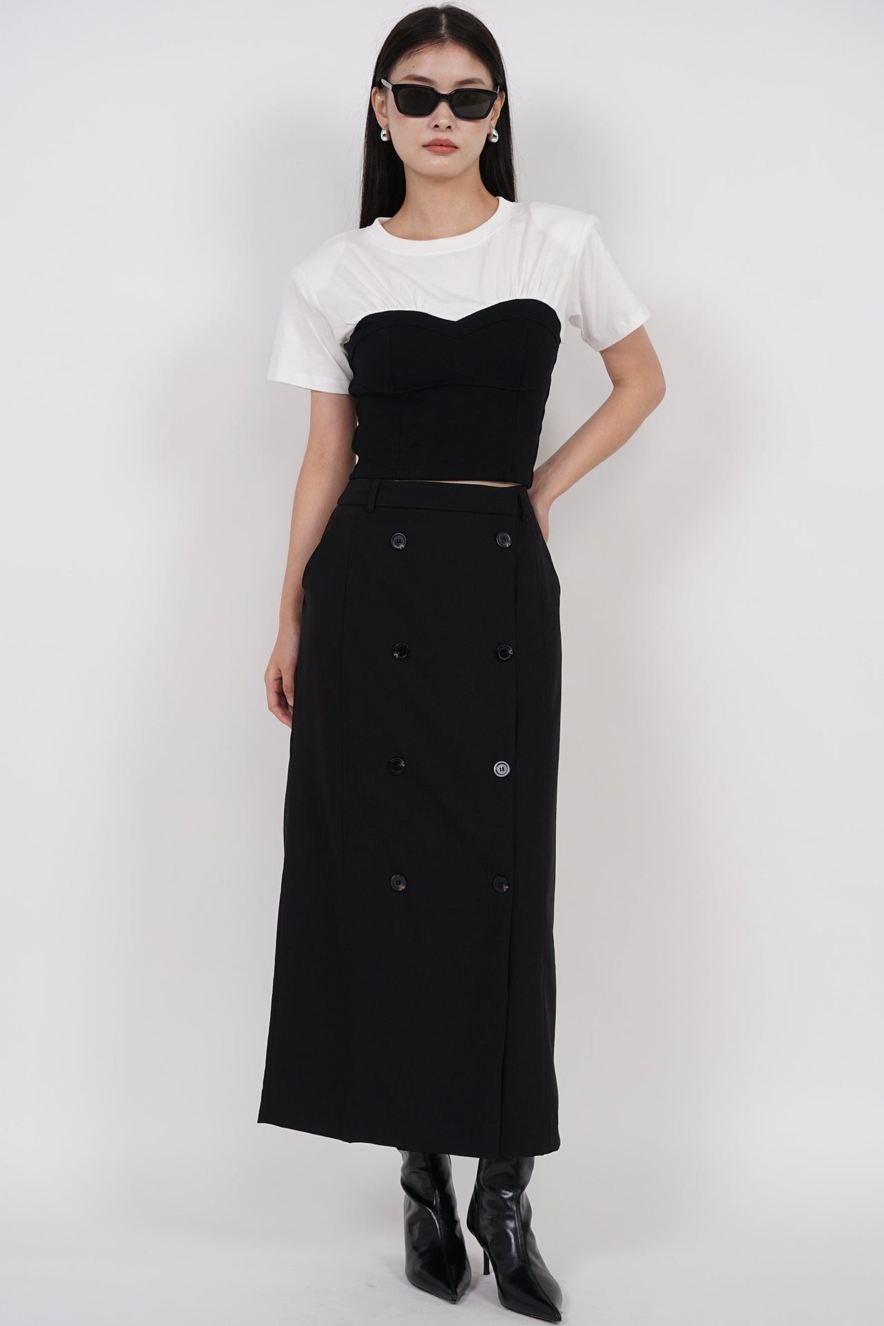 Button Utility Midi Skirt in Black