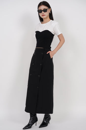 Button Utility Midi Skirt in Black