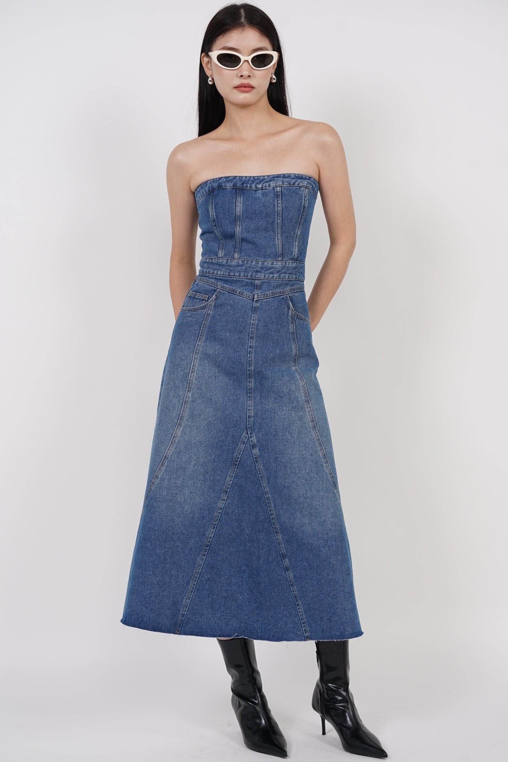 2-Way Panel Midi Denim Dress in Blue