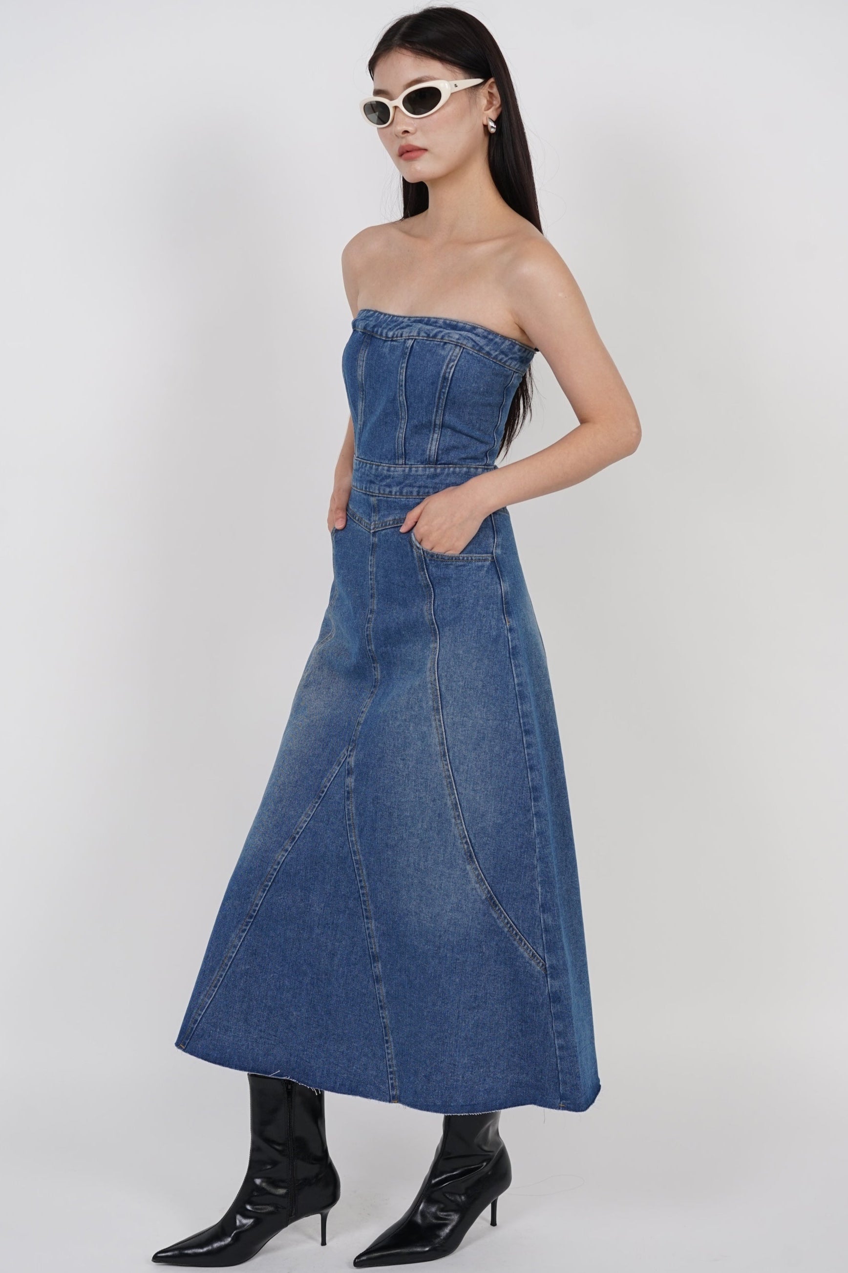2-Way Panel Midi Denim Dress in Blue