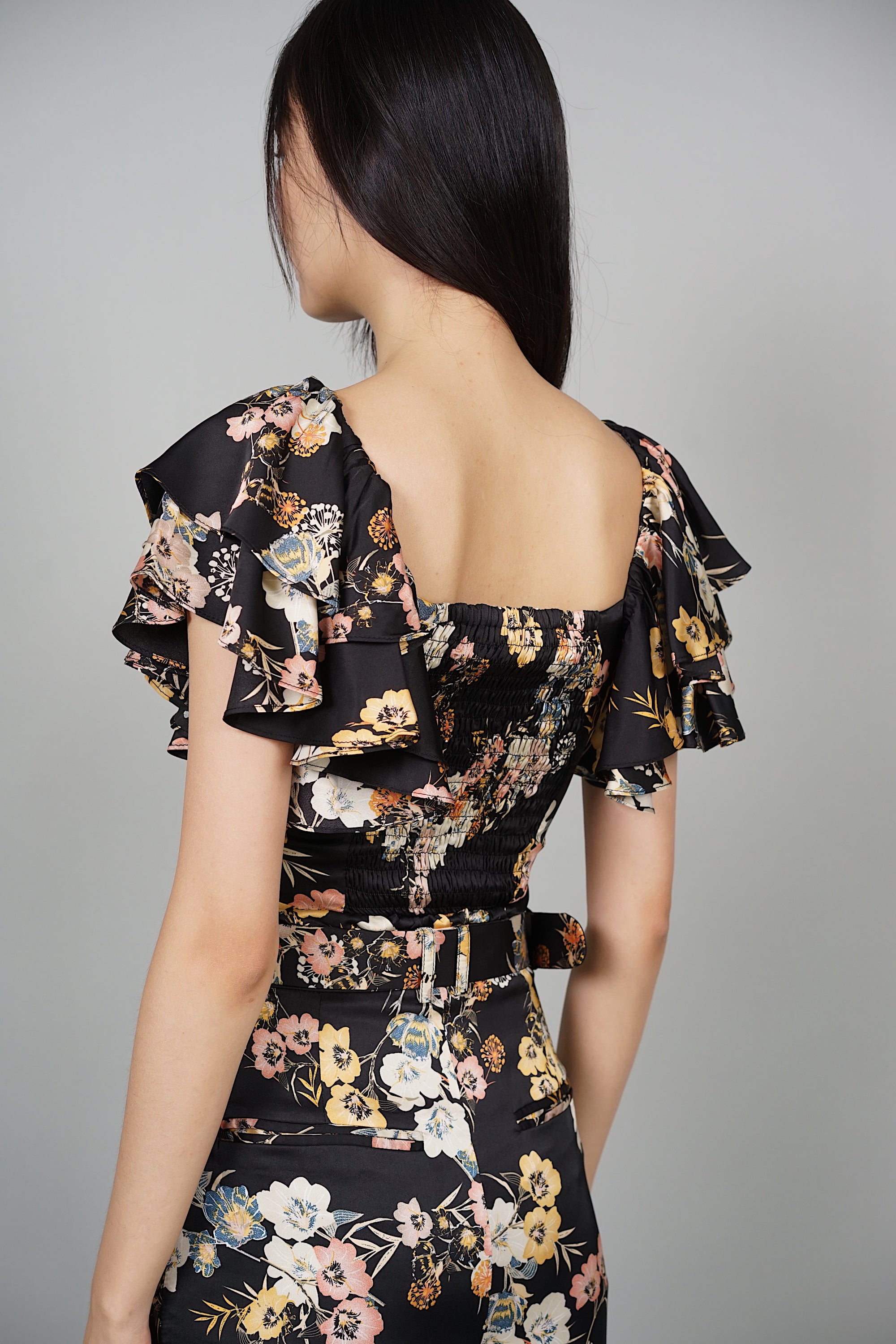 Huda Ruffled Top in Black Floral