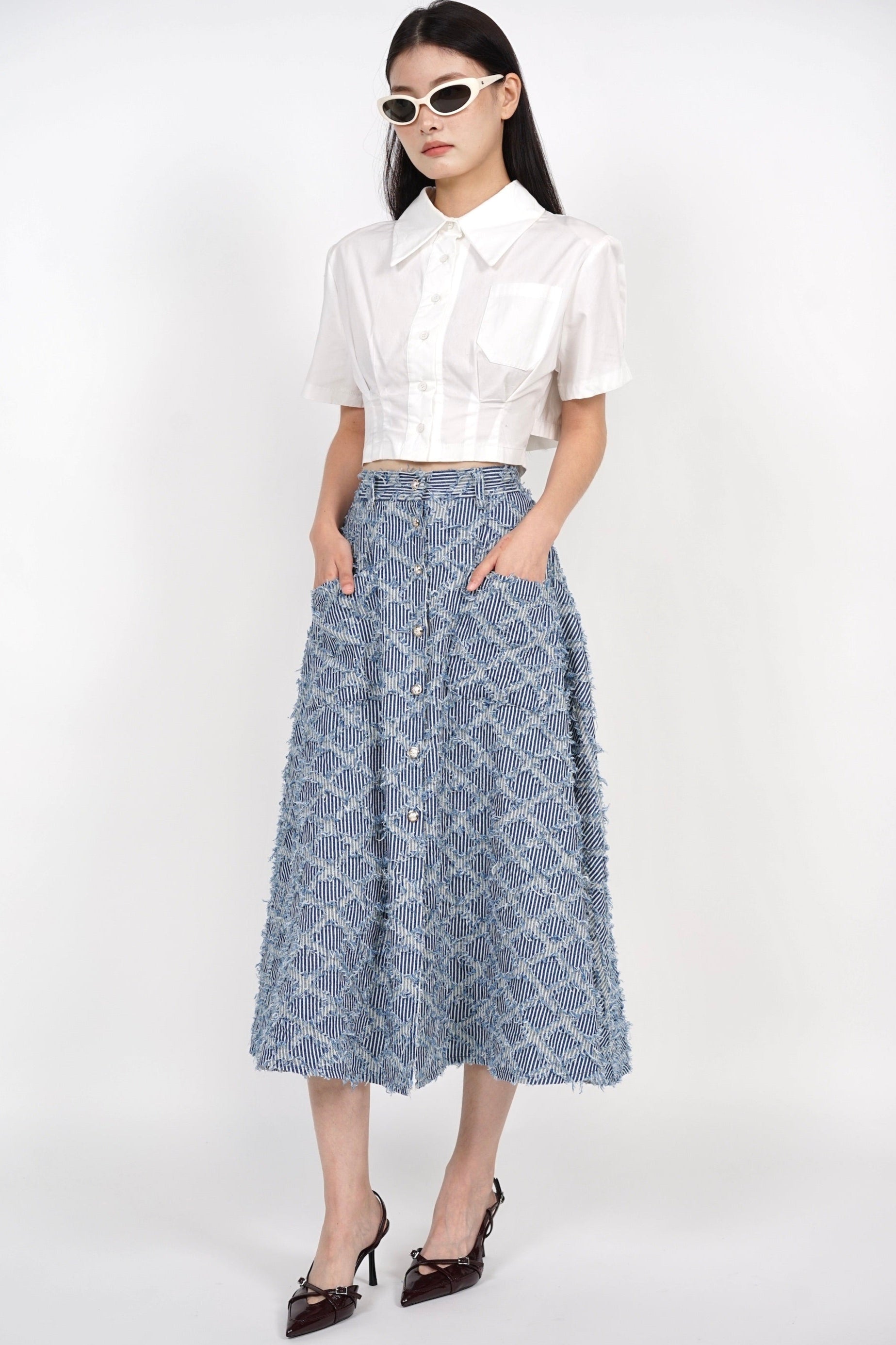 Diamond Textured Flare Skirt in Blue