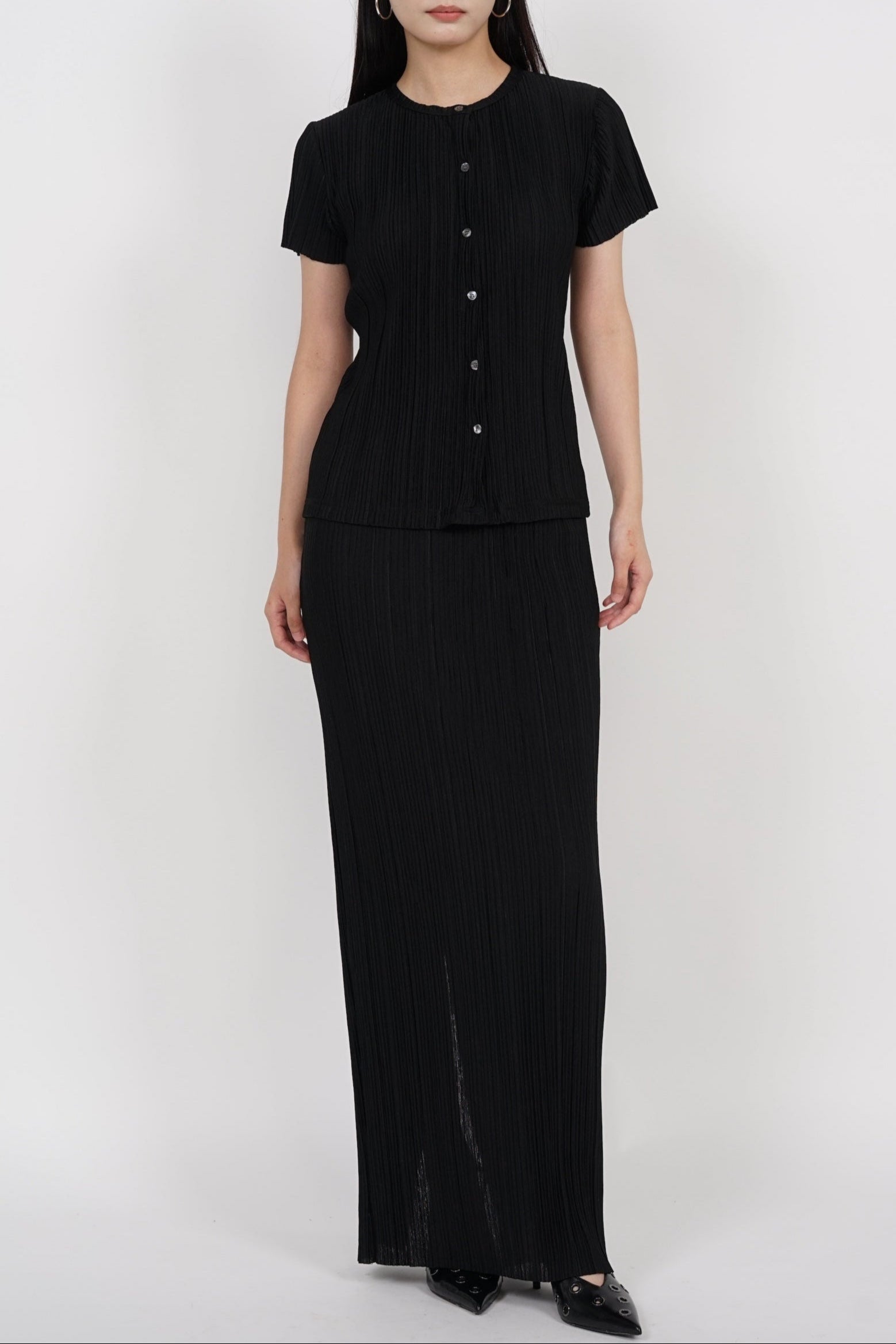 Plisse Button Pleated Top in Black