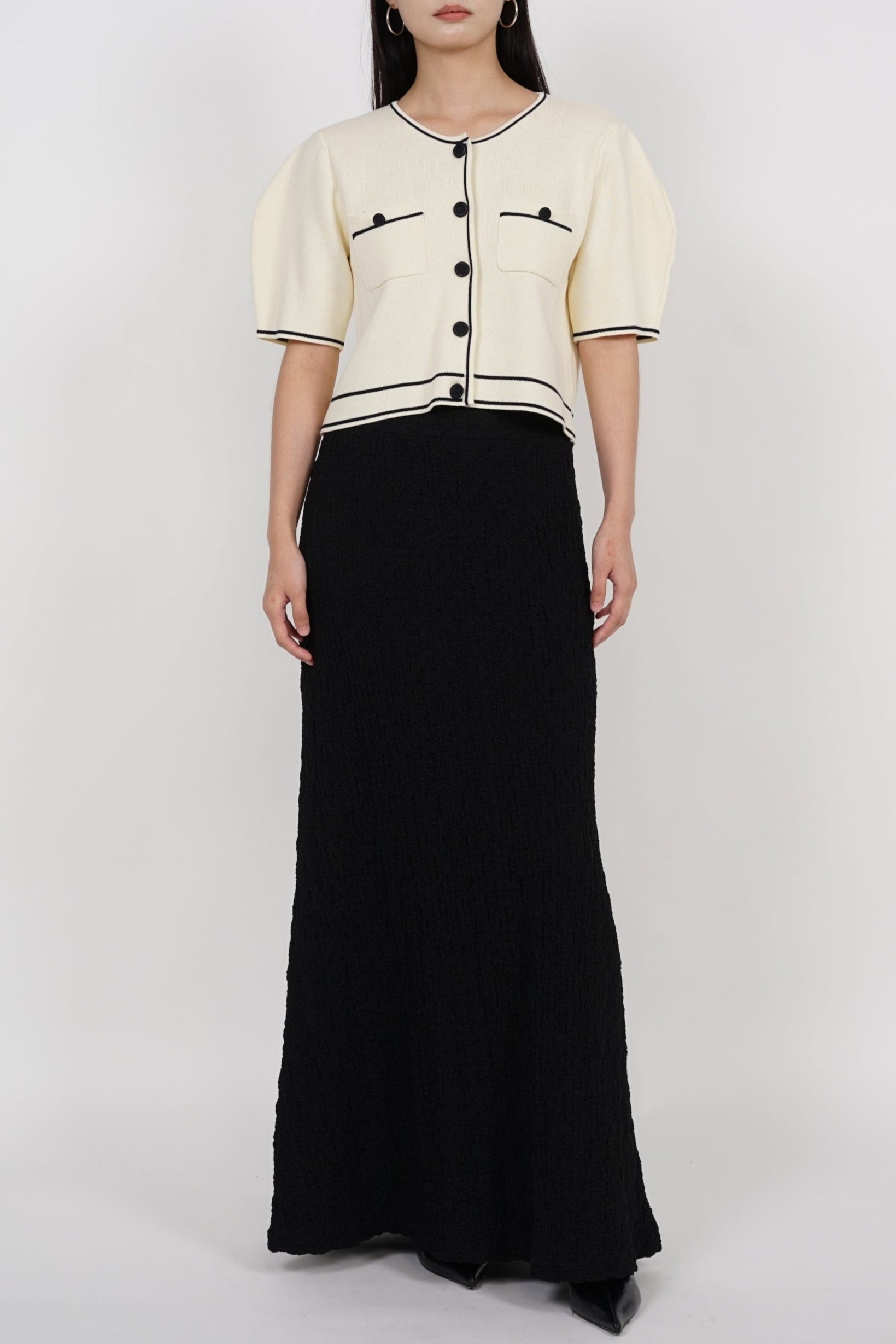 Button Contrast Knit Top in Ivory