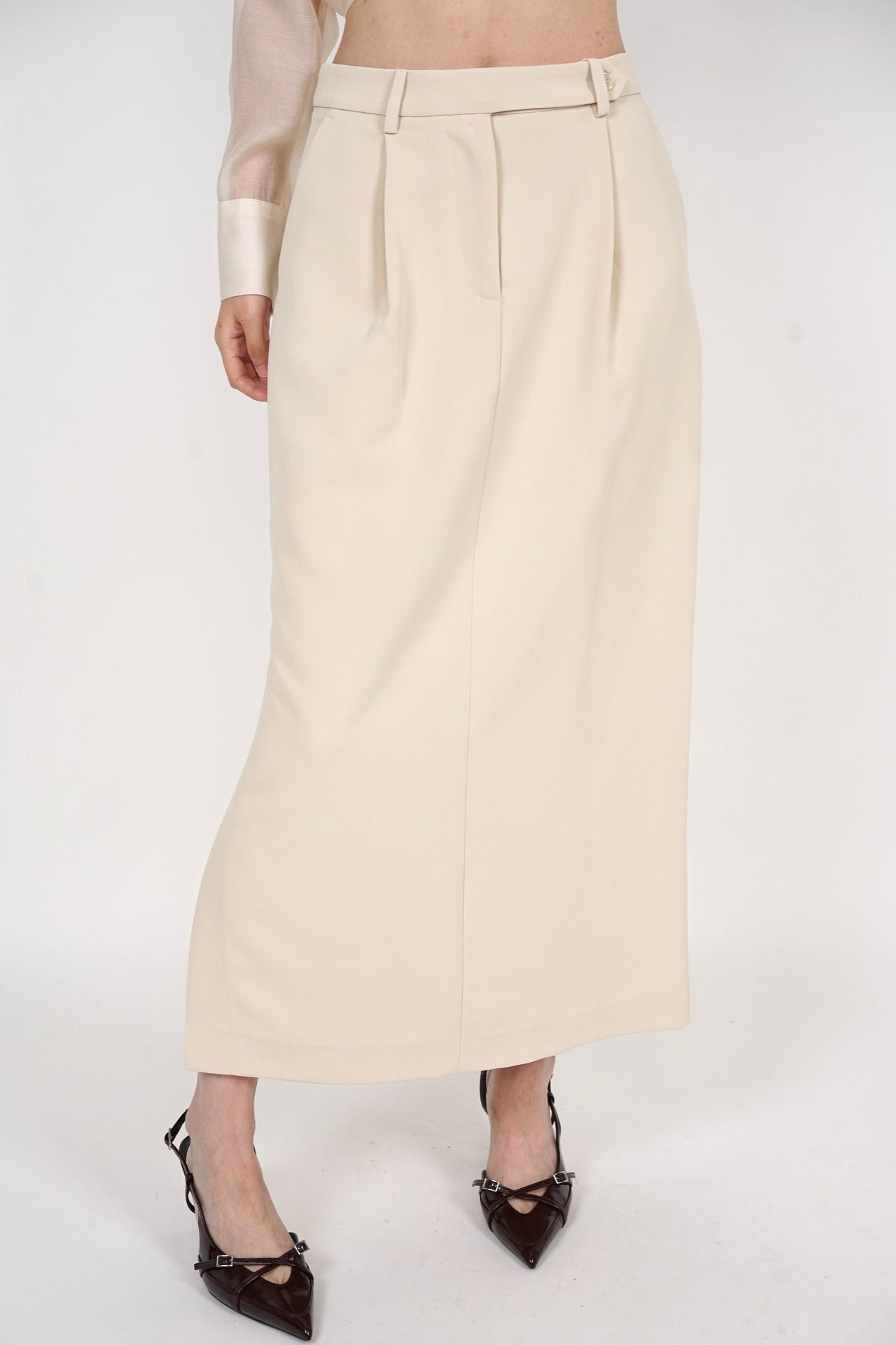 Side Slit Column Skirt in Beige
