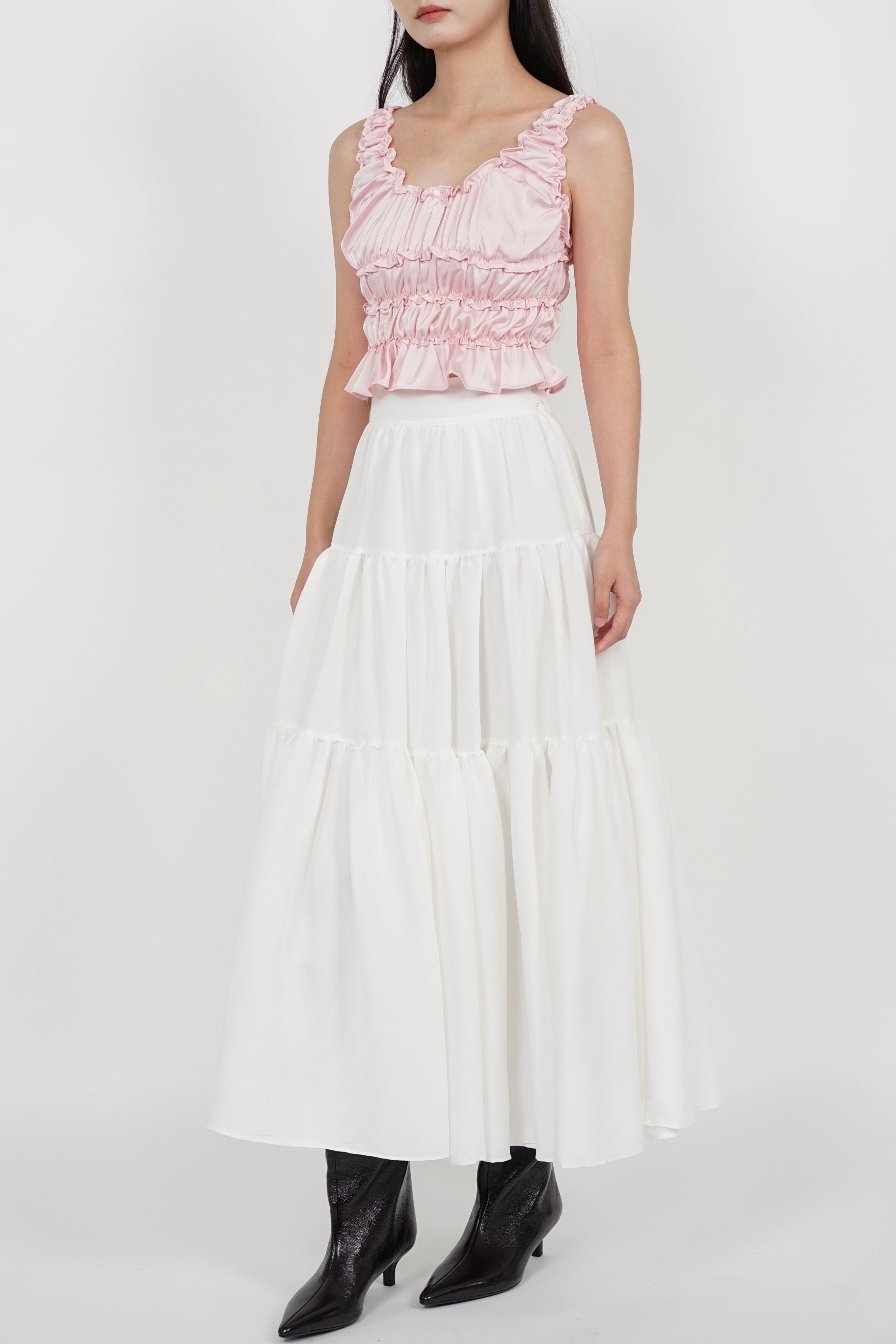 Gathered Ribbon Ruffle Top in Pale Rose