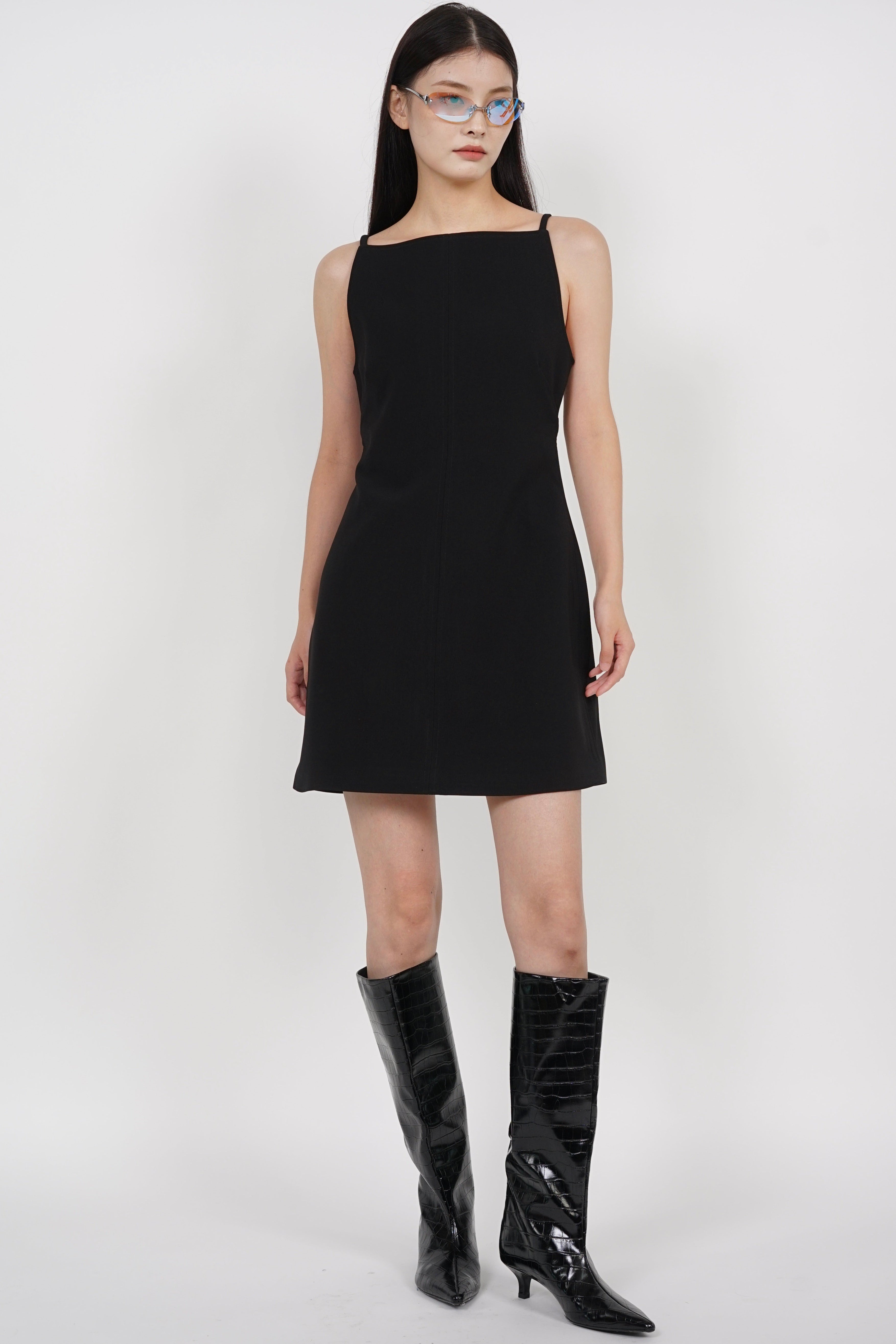 Boat Neck Mini Dress in Black