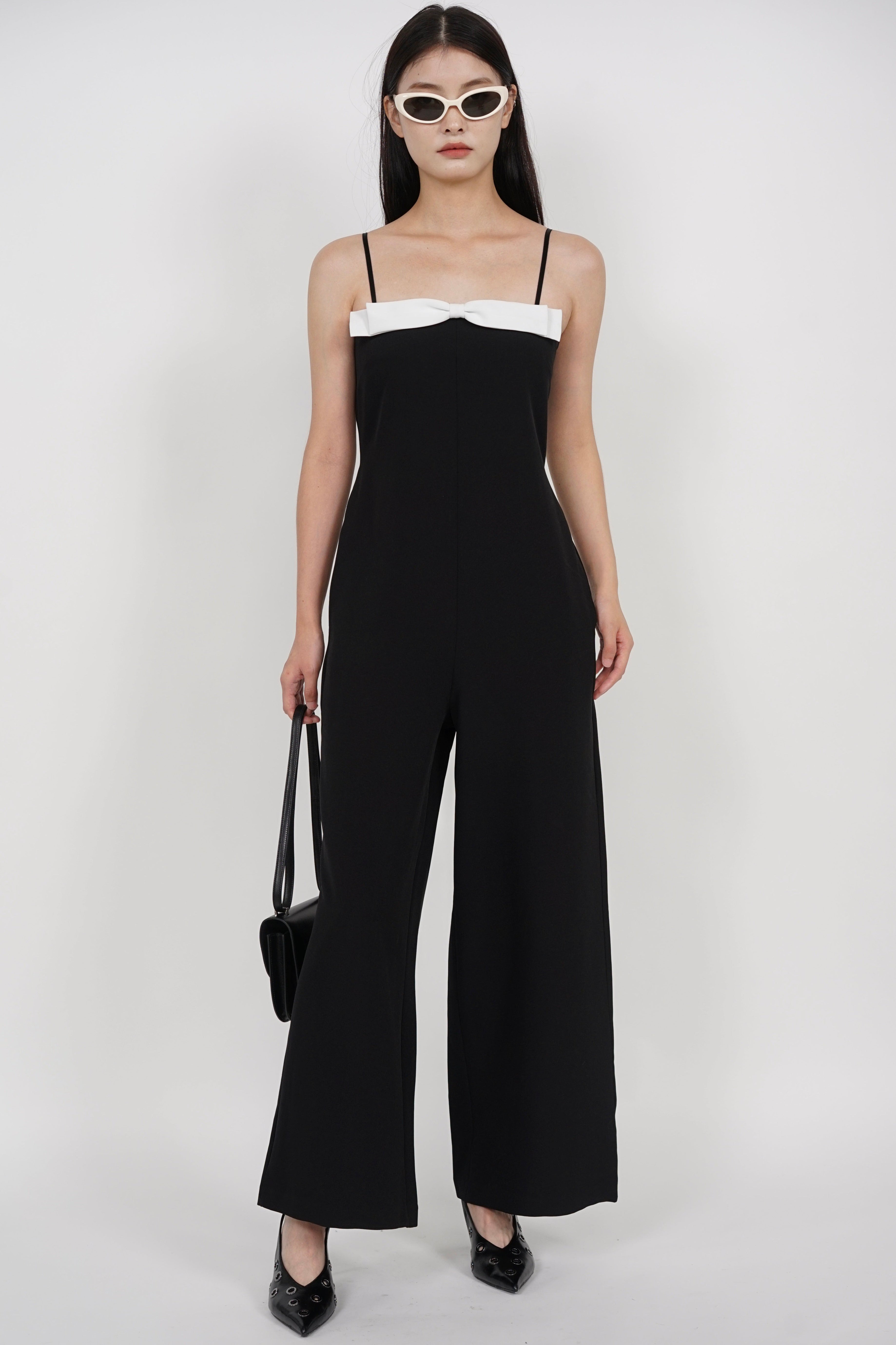 Contrast Bow Wide Leg Jumpsuit in Black