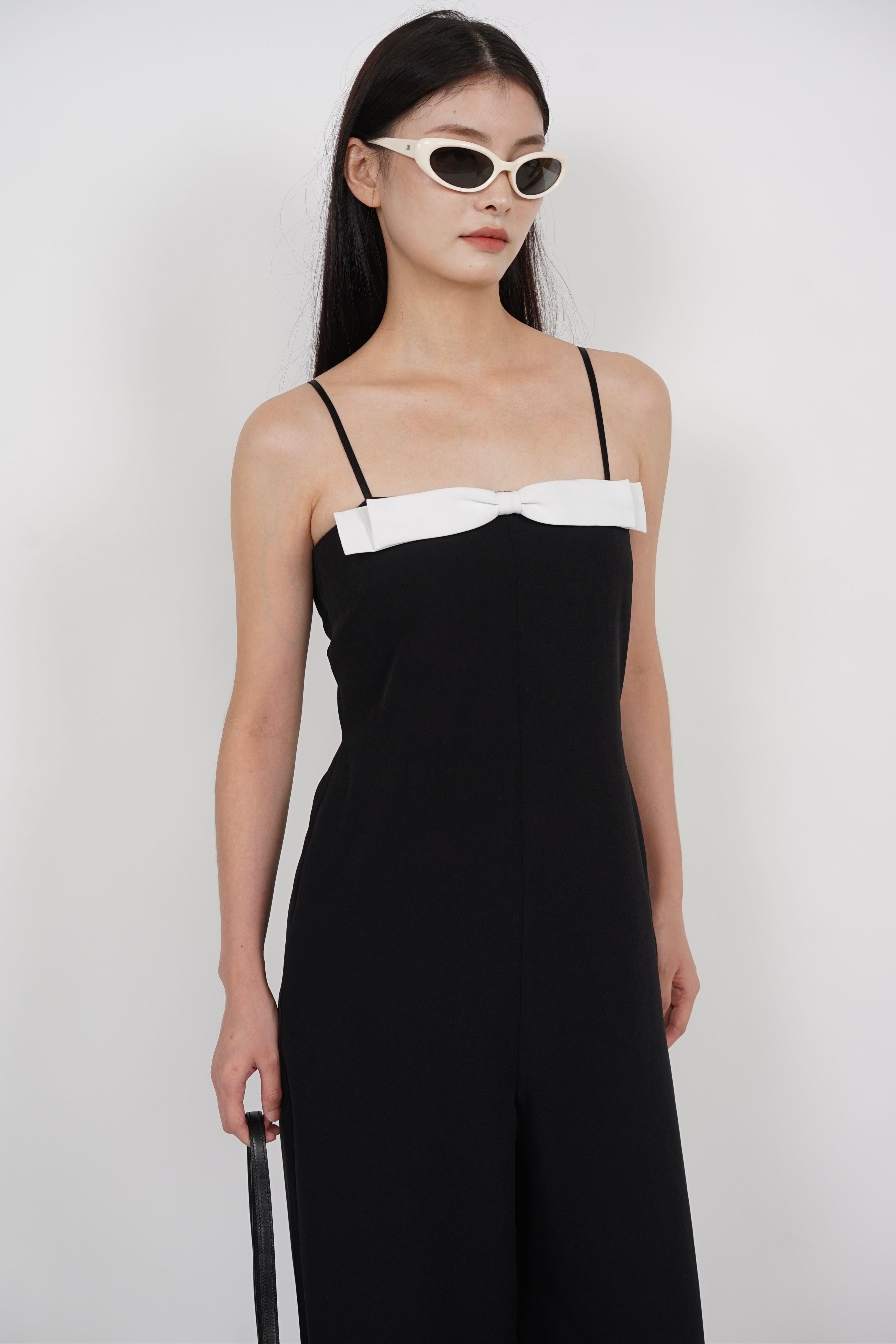 Contrast Bow Wide Leg Jumpsuit in Black