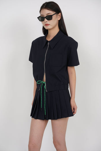 Elastic Pleated Skorts in Midnight