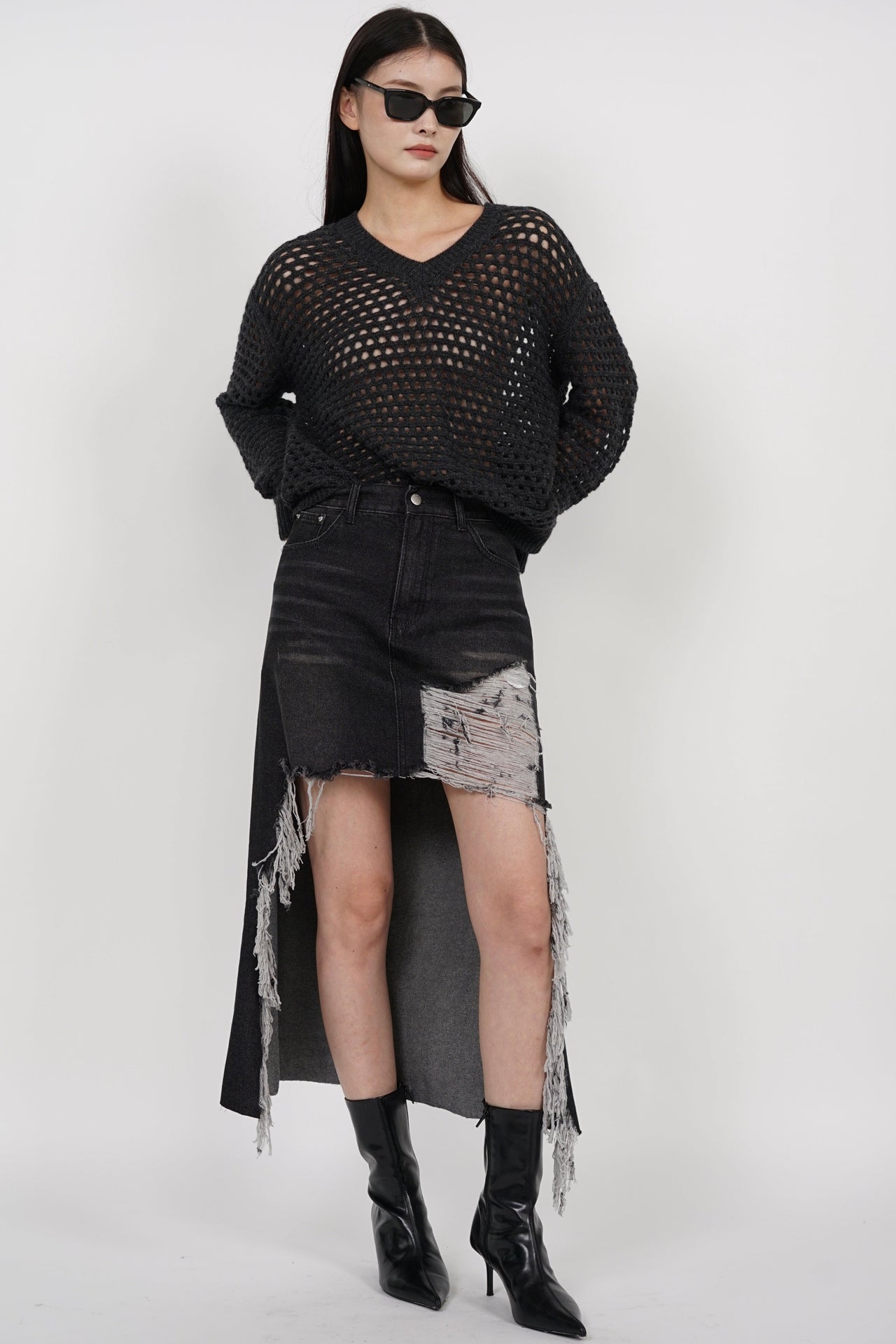 Distressed Denim Skirt in Washed Black