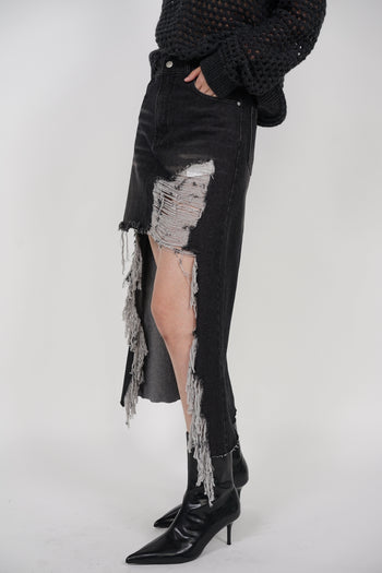 Distressed Denim Skirt in Washed Black