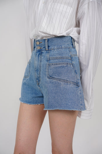 High-Waist Double Button Shorts in Washed Blue
