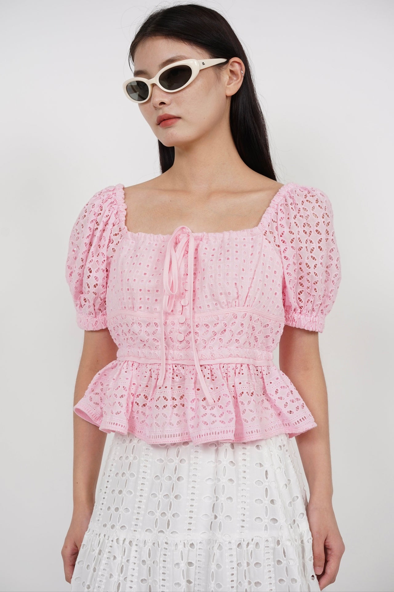 Puff Sleeve Eyelet Top in Pink