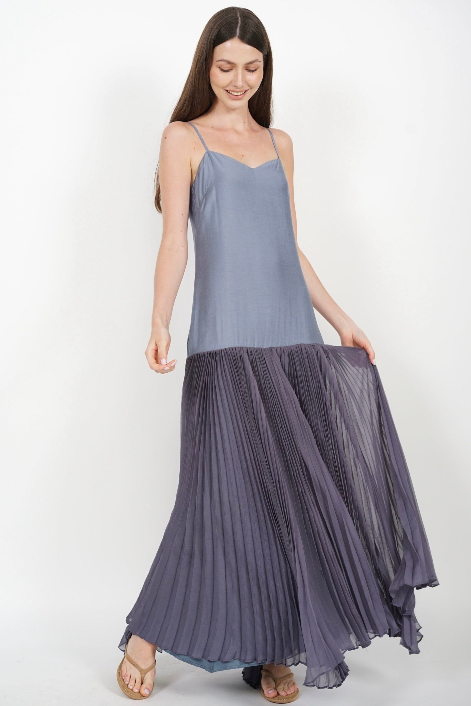 Pleated Flowy Dress in Dusty Blue