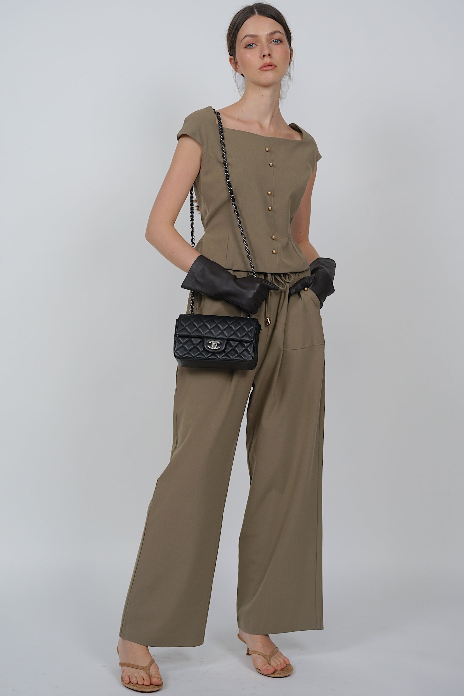 Square Neck Short Sleeve Top in Khaki