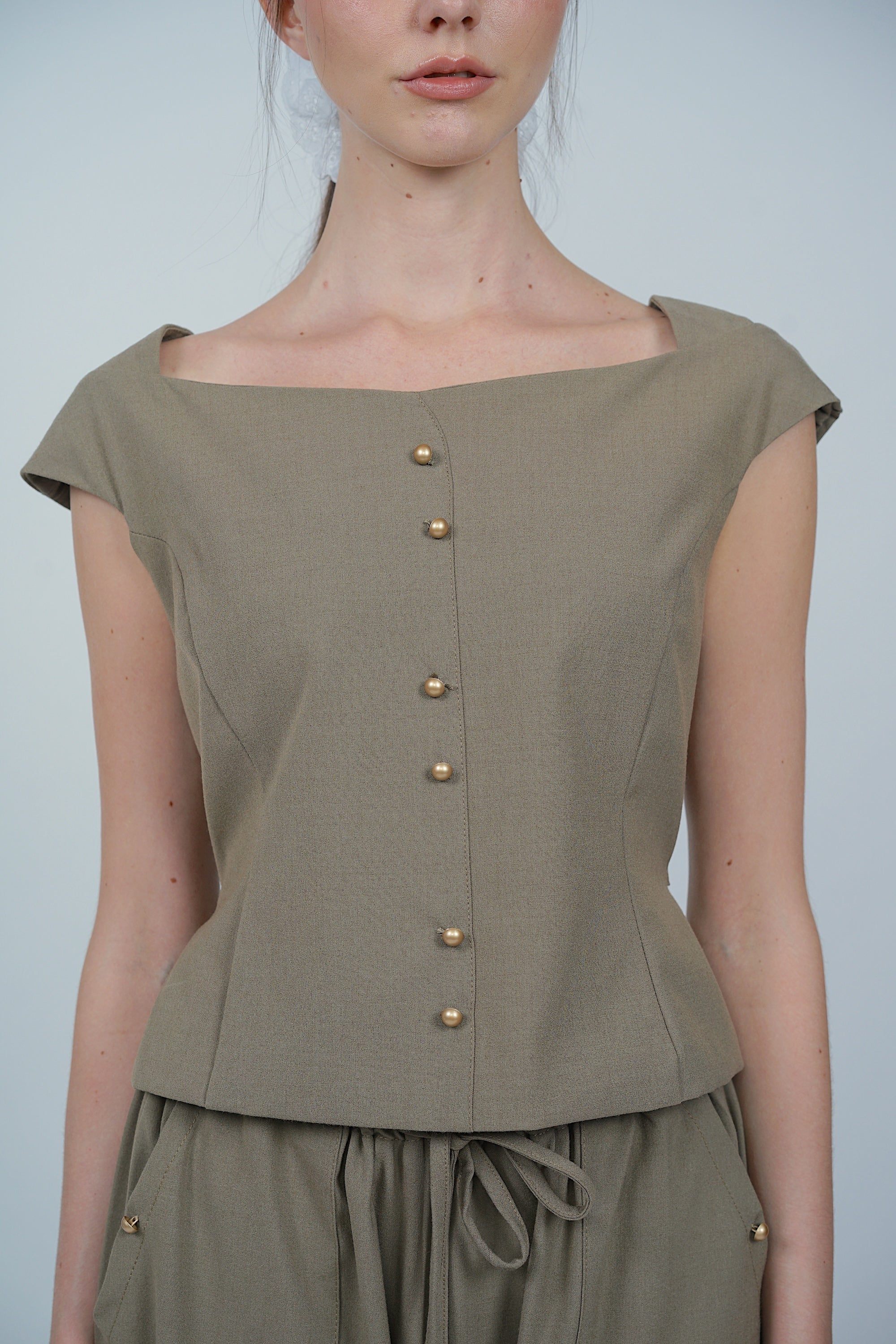 Square Neck Short Sleeve Top in Khaki