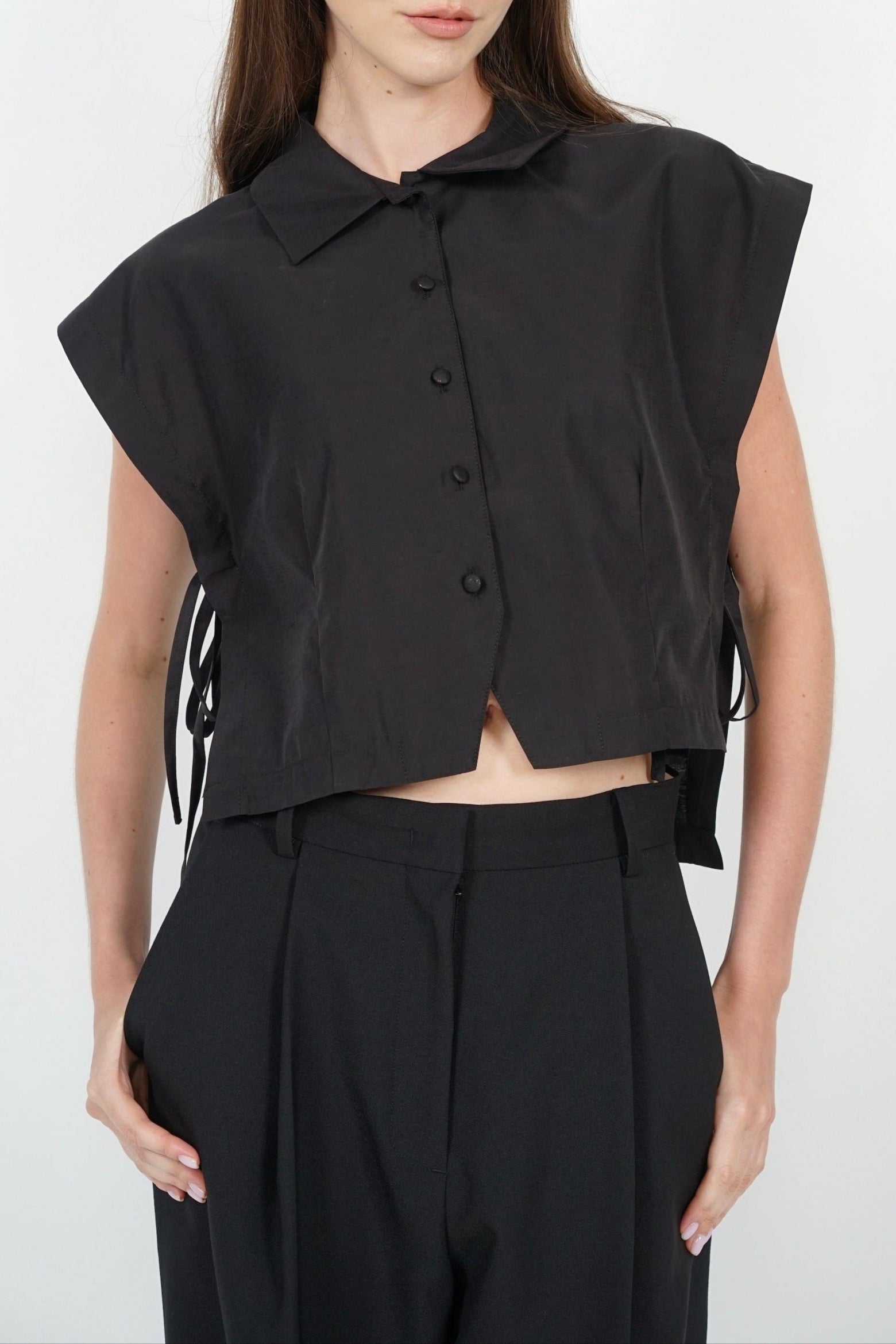 Side Tie Button Down Collar Top in Black
