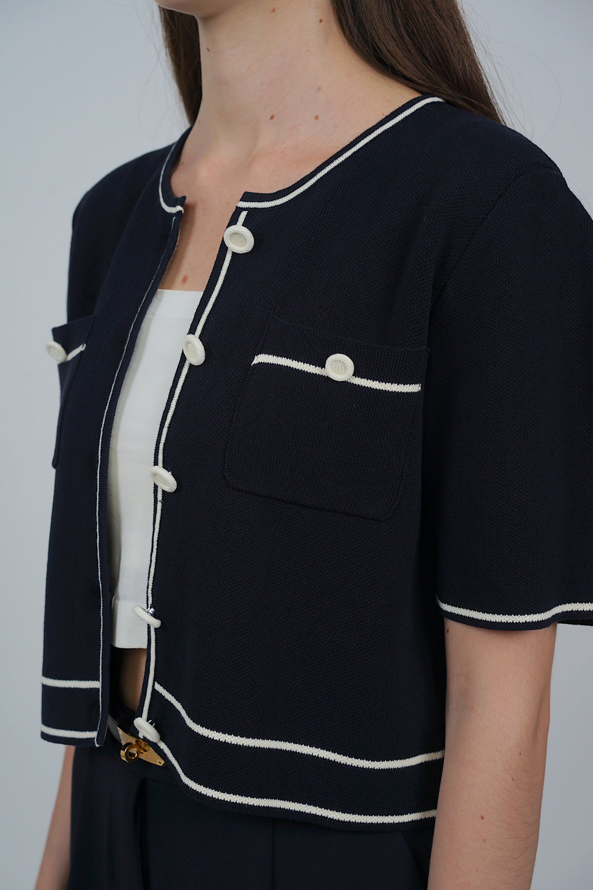 Button Contrast Knit Top in Midnight