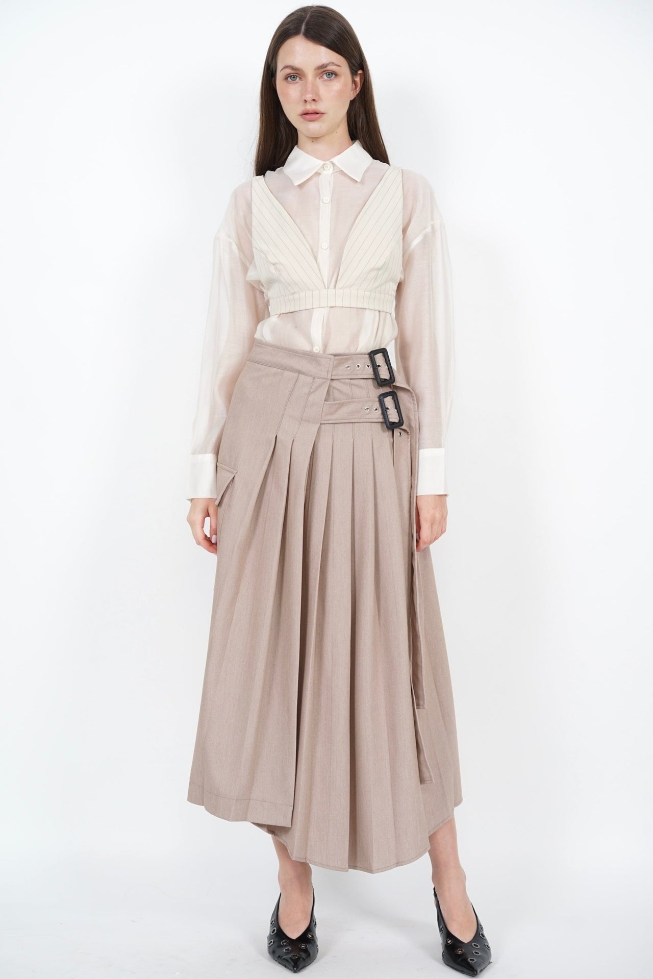 Pleated Buckle Midi Skirt in Khaki