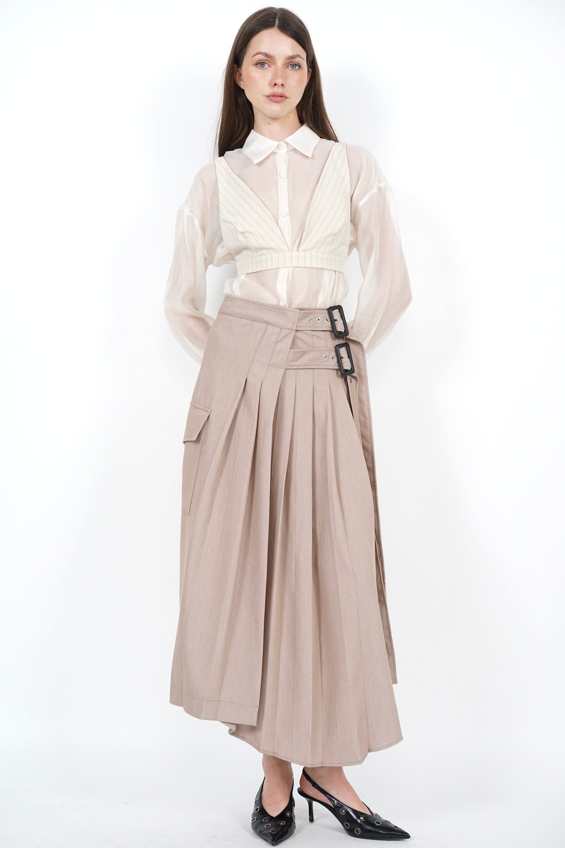 Pleated Buckle Midi Skirt in Khaki