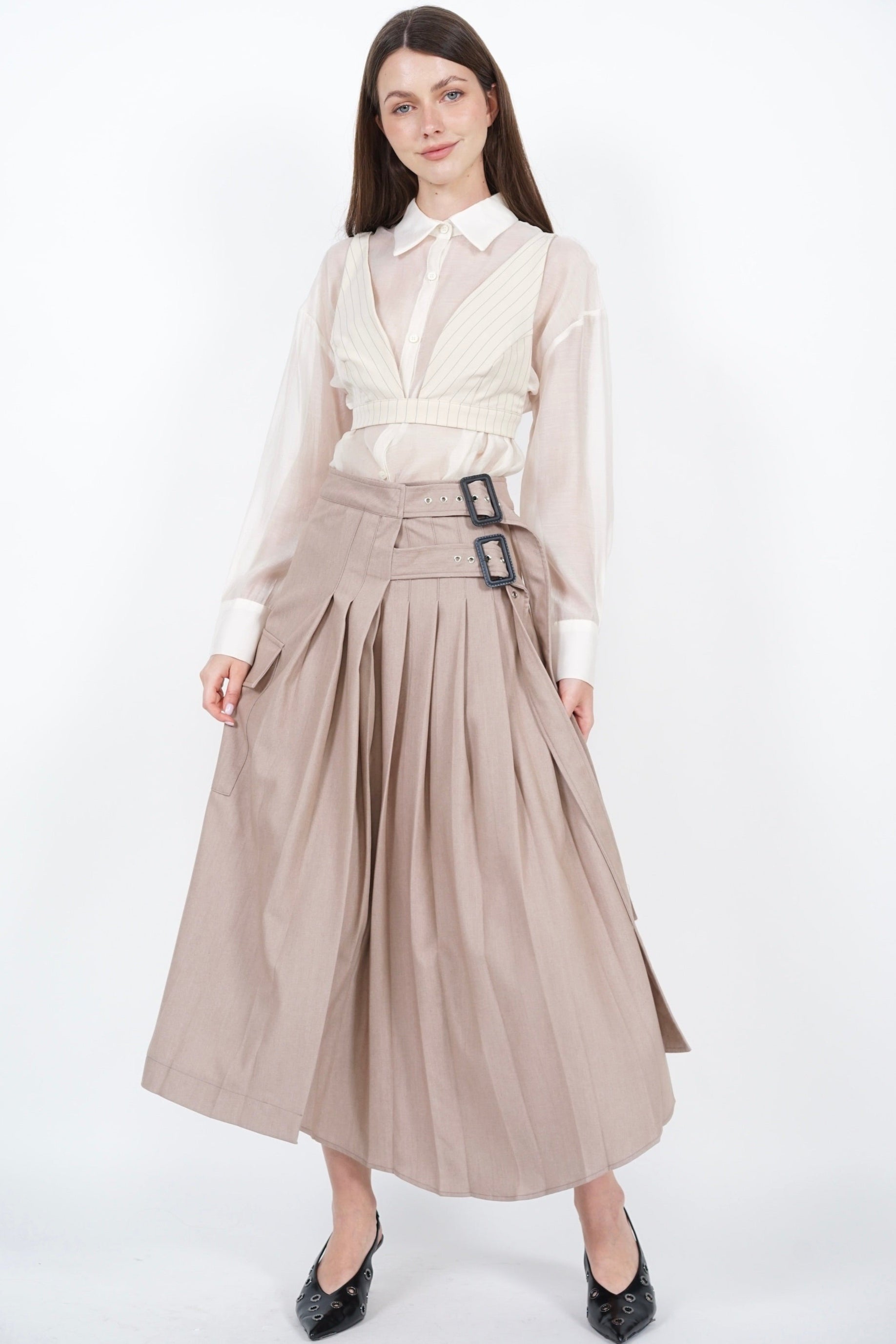 Pleated Buckle Midi Skirt in Khaki