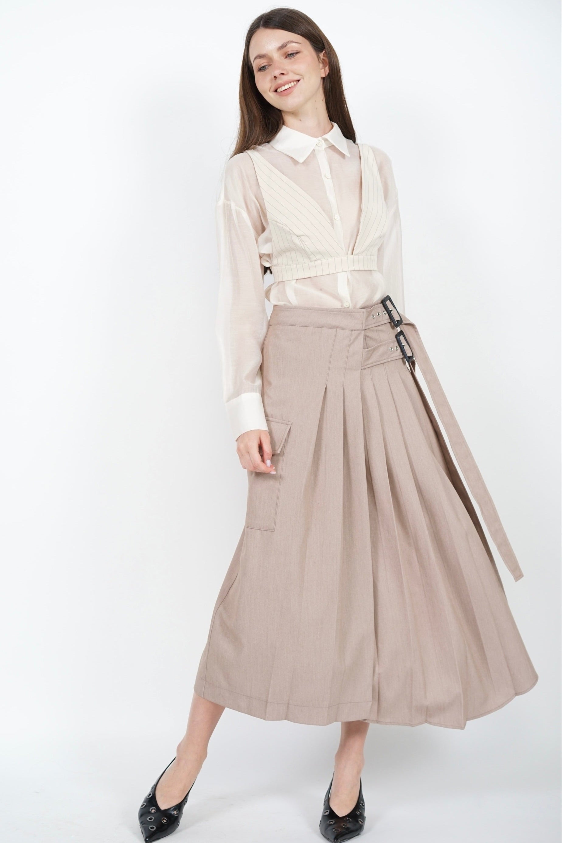 Pleated Buckle Midi Skirt in Khaki