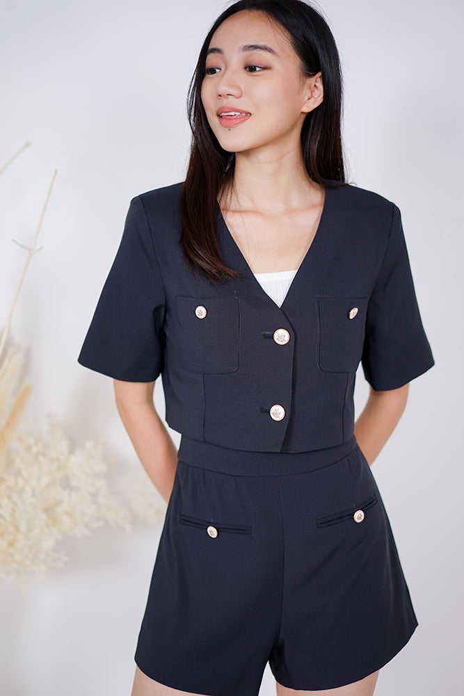 Valisa Cropped Buttoned Jacket in Midnight Black