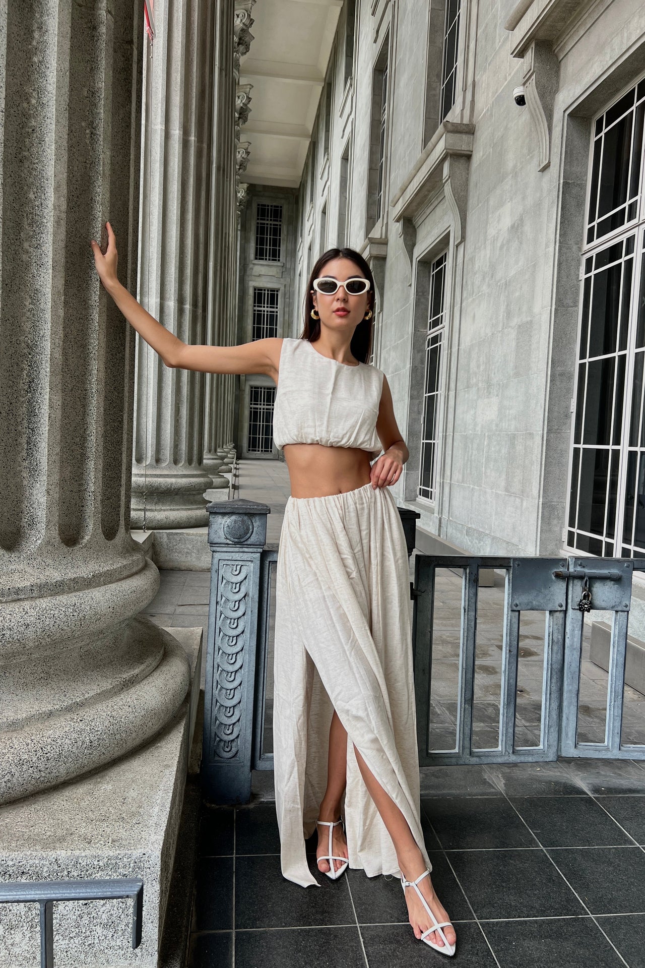 Elastic Gathered Waist Crop Top in Oat