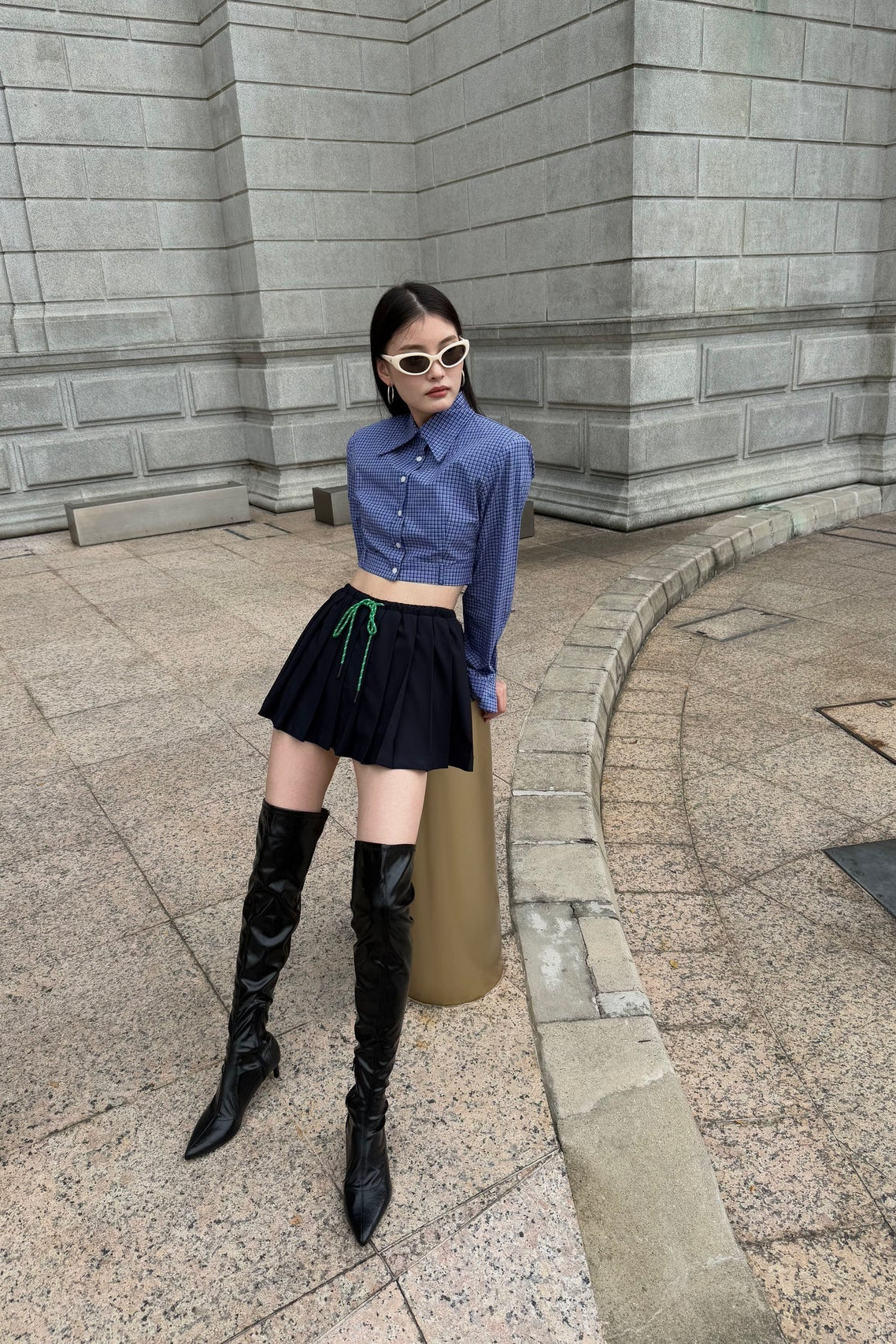 Long Sleeve Crop Button Top in Dark Blue Checks